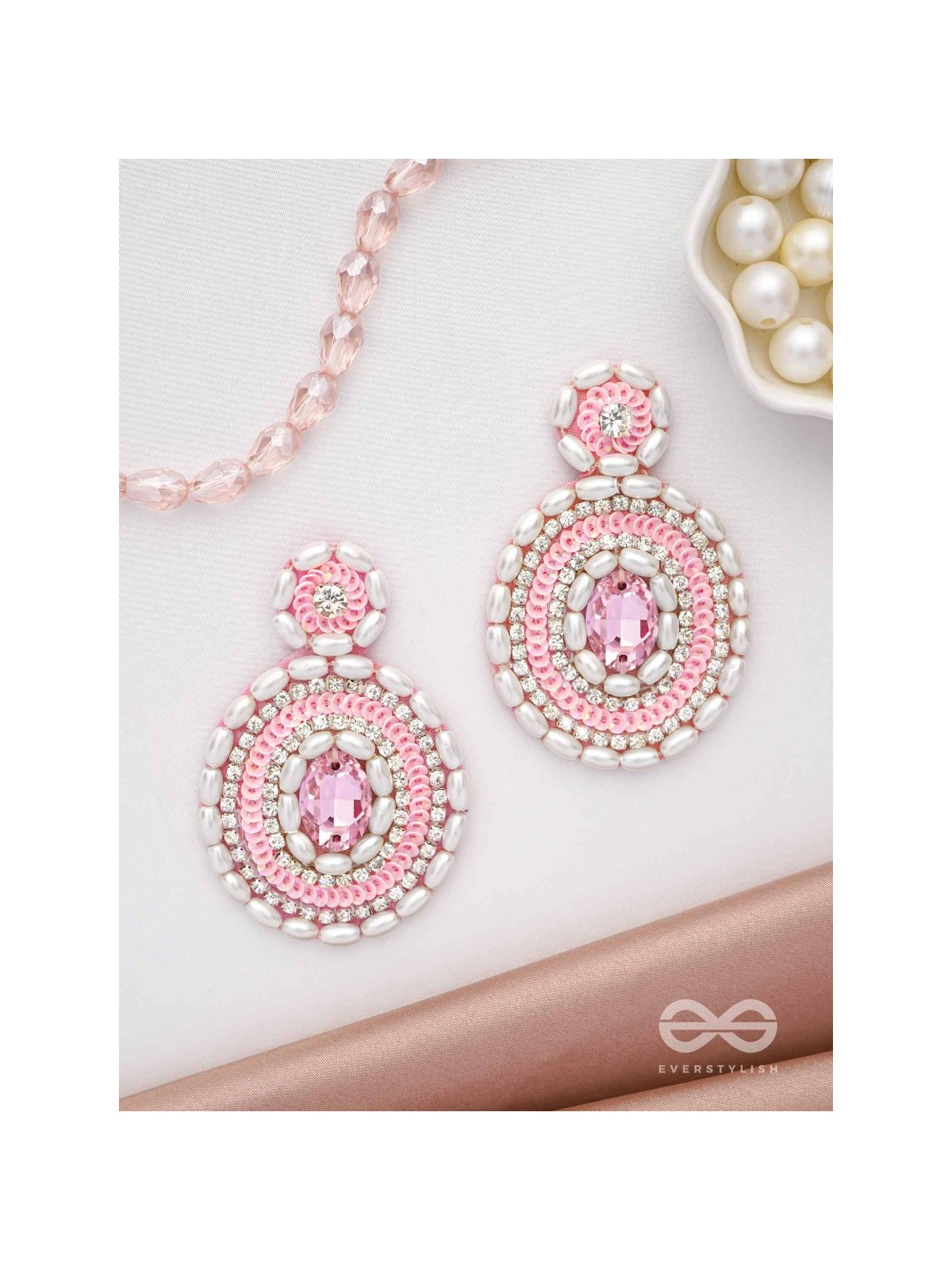  PRATIBIMB- THE RESPLENDENT REFLECTION- STONE, PEARLS AND SEQUINS EMBROIDERED EARRINGS (BLUSH PINK)