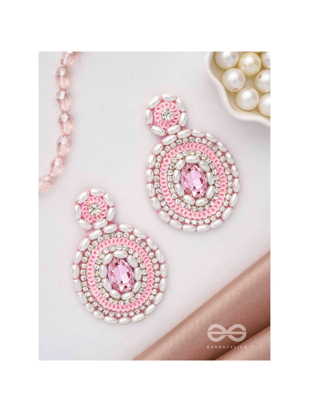  PRATIBIMB- THE RESPLENDENT REFLECTION- STONE, PEARLS AND SEQUINS EMBROIDERED EARRINGS (BLUSH PINK)