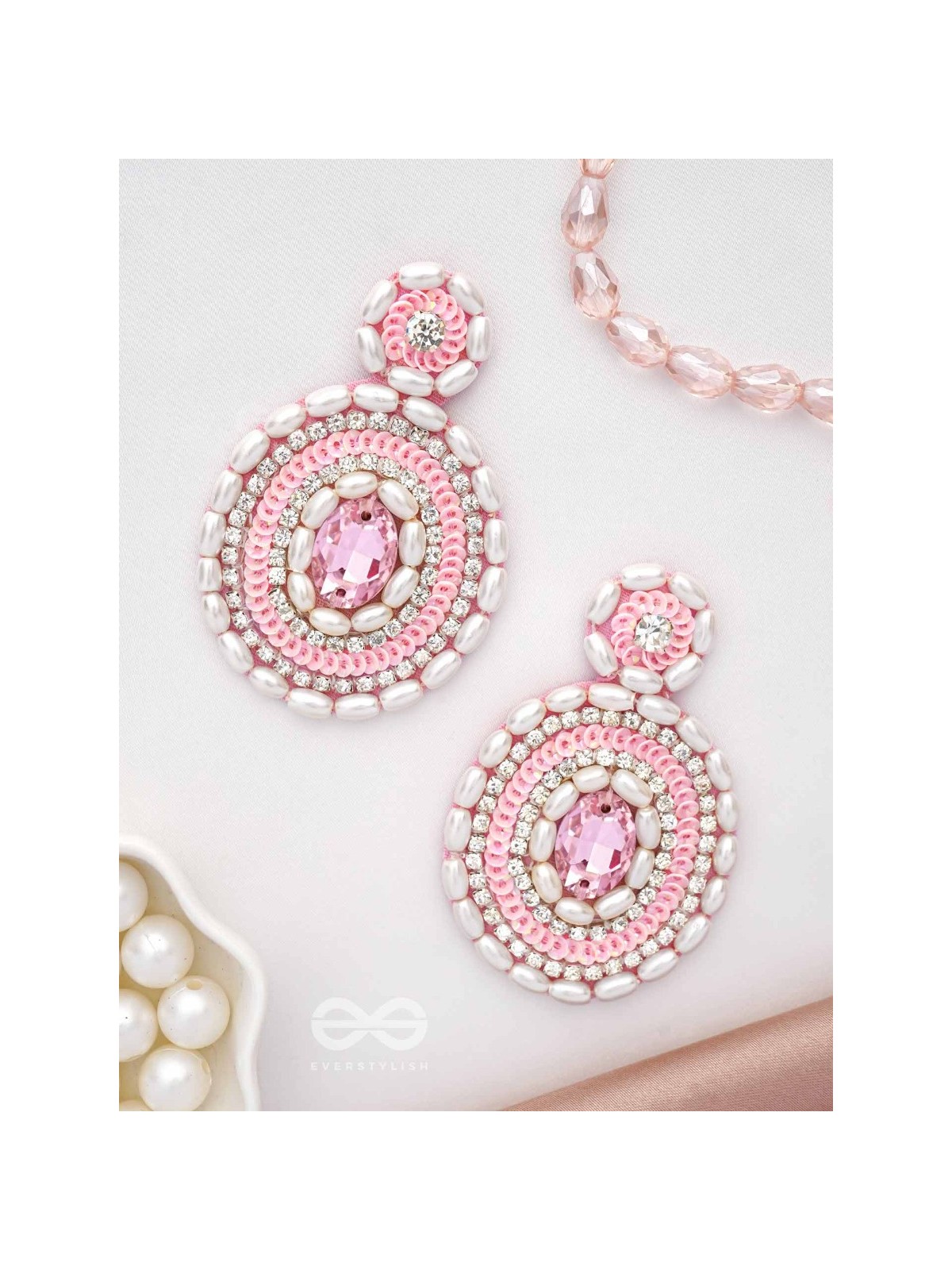  PRATIBIMB- THE RESPLENDENT REFLECTION- STONE, PEARLS AND SEQUINS EMBROIDERED EARRINGS (BLUSH PINK)