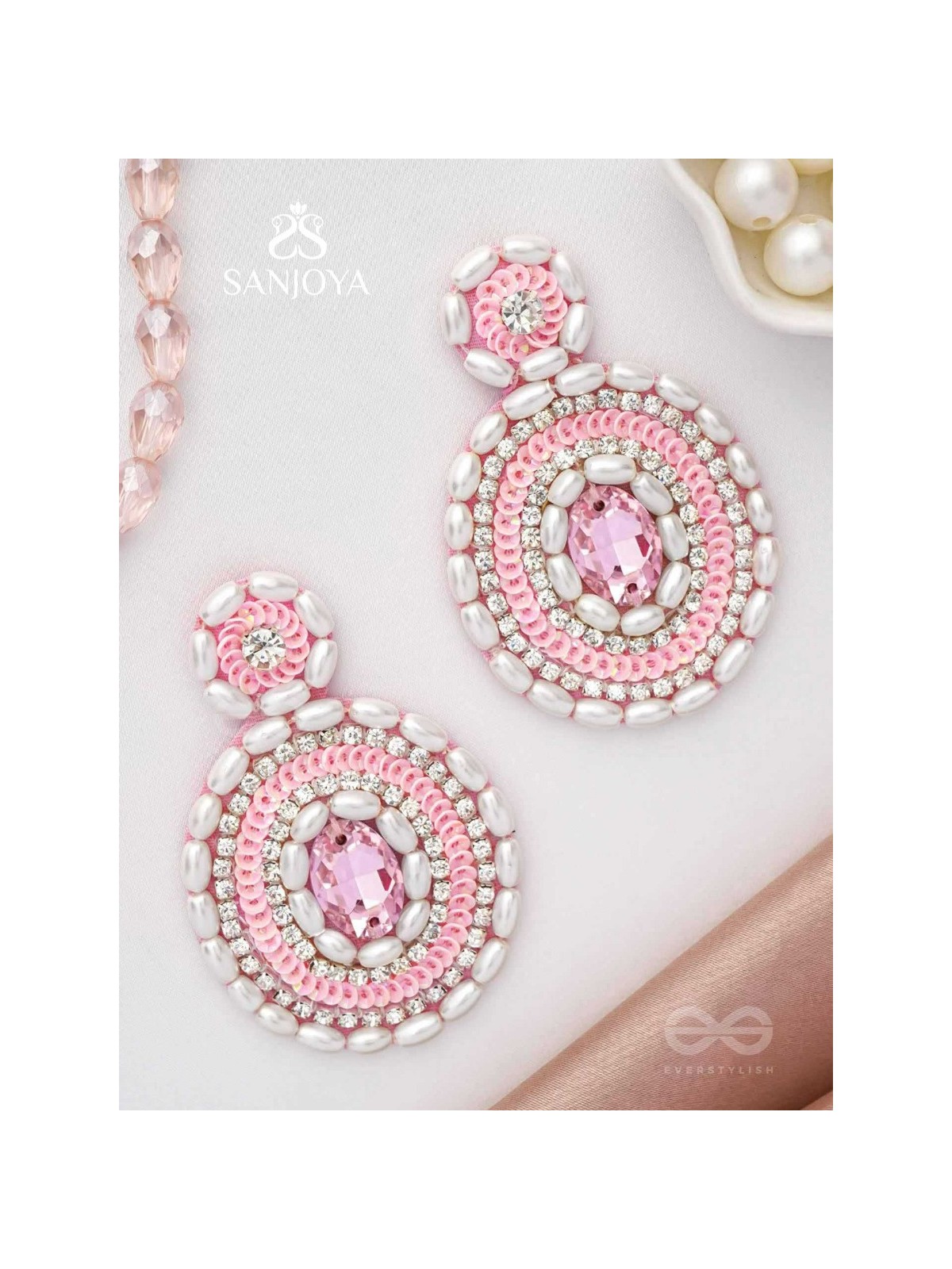  PRATIBIMB- THE RESPLENDENT REFLECTION- STONE, PEARLS AND SEQUINS EMBROIDERED EARRINGS (BLUSH PINK)