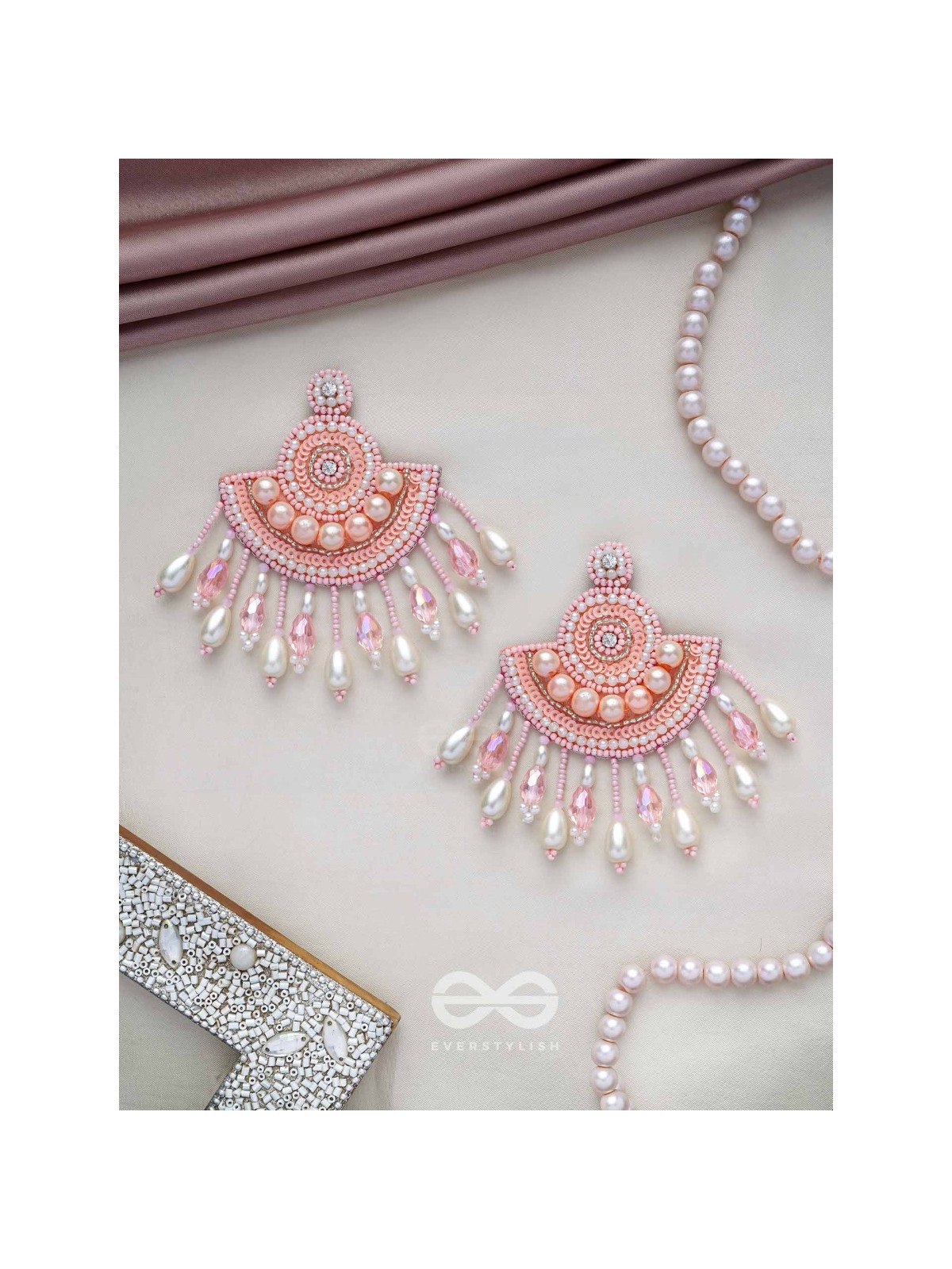 SURAMYA- THE PICTURESQUE CRESCENT- SEQUINS, GLASS BEADS AND STONE EMBROIDERED EARRINGS (SALMON PINK)