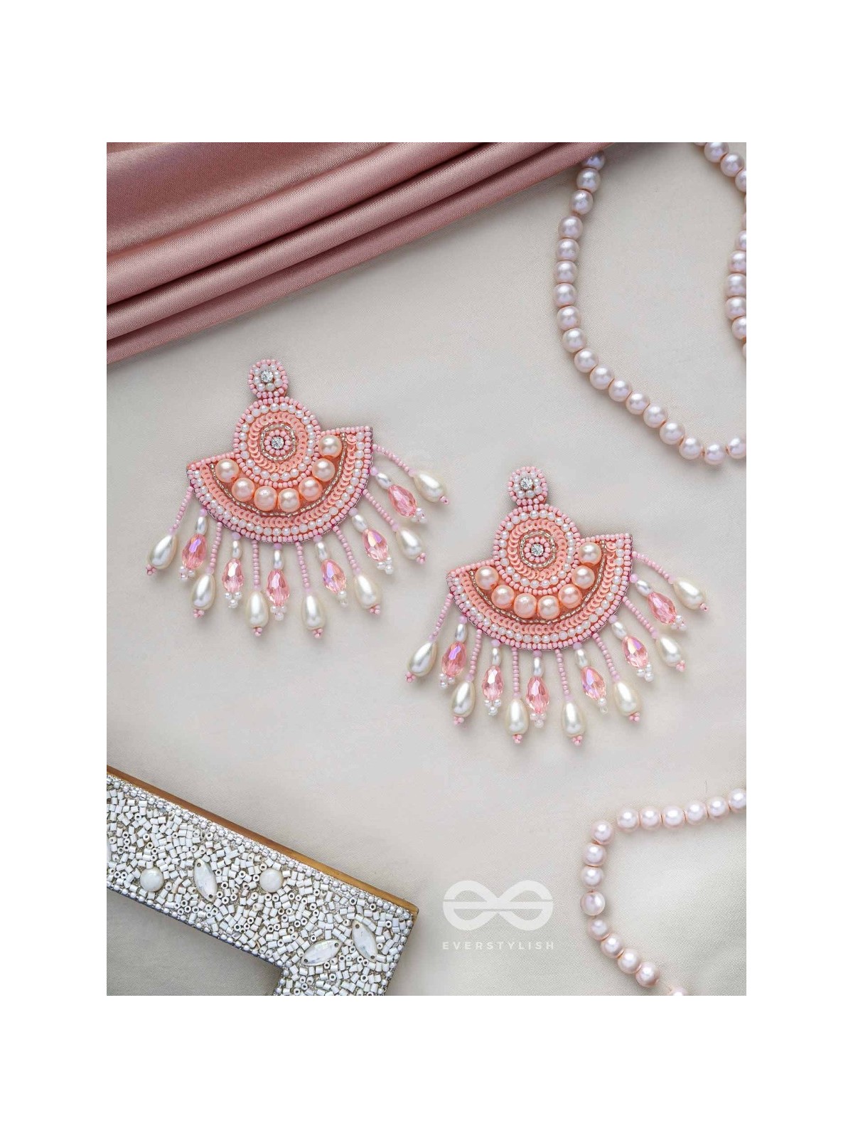SURAMYA- THE PICTURESQUE CRESCENT- SEQUINS, GLASS BEADS AND STONE EMBROIDERED EARRINGS (SALMON PINK)