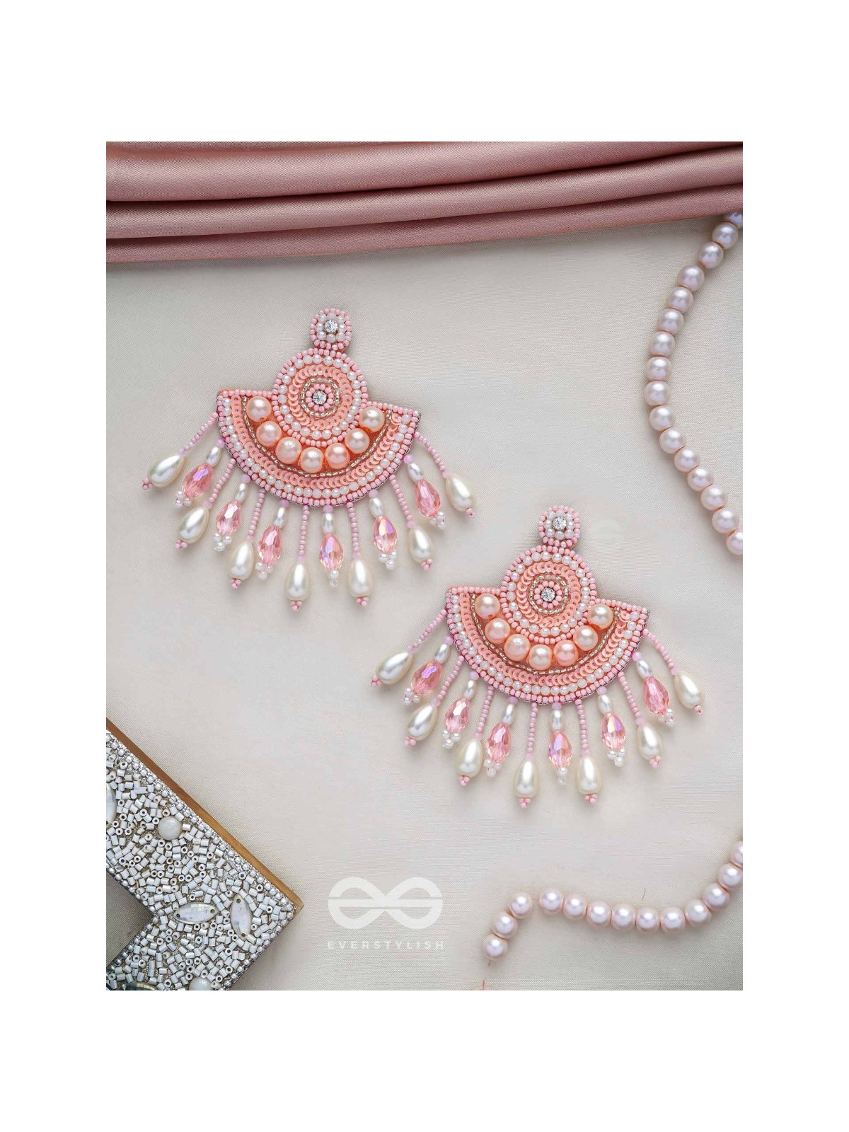 SURAMYA- THE PICTURESQUE CRESCENT- SEQUINS, GLASS BEADS AND STONE EMBROIDERED EARRINGS (SALMON PINK)