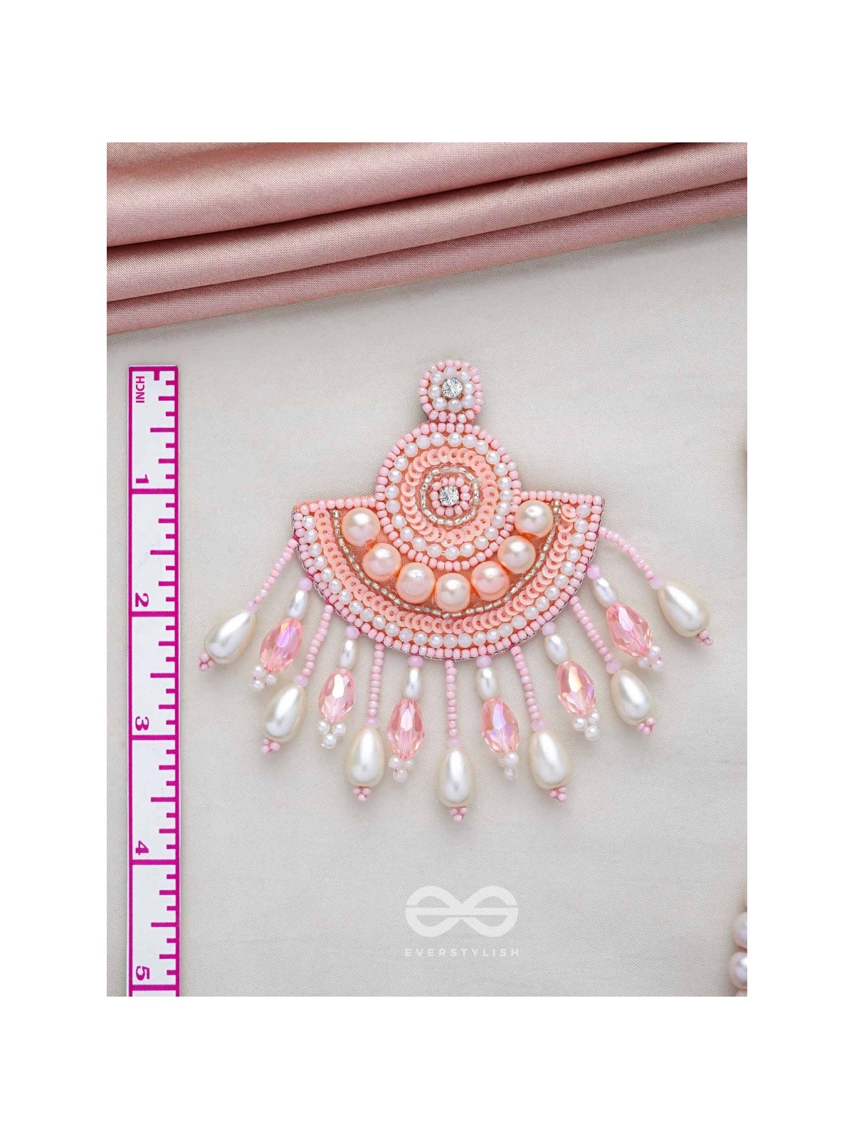SURAMYA- THE PICTURESQUE CRESCENT- SEQUINS, GLASS BEADS AND STONE EMBROIDERED EARRINGS (SALMON PINK)