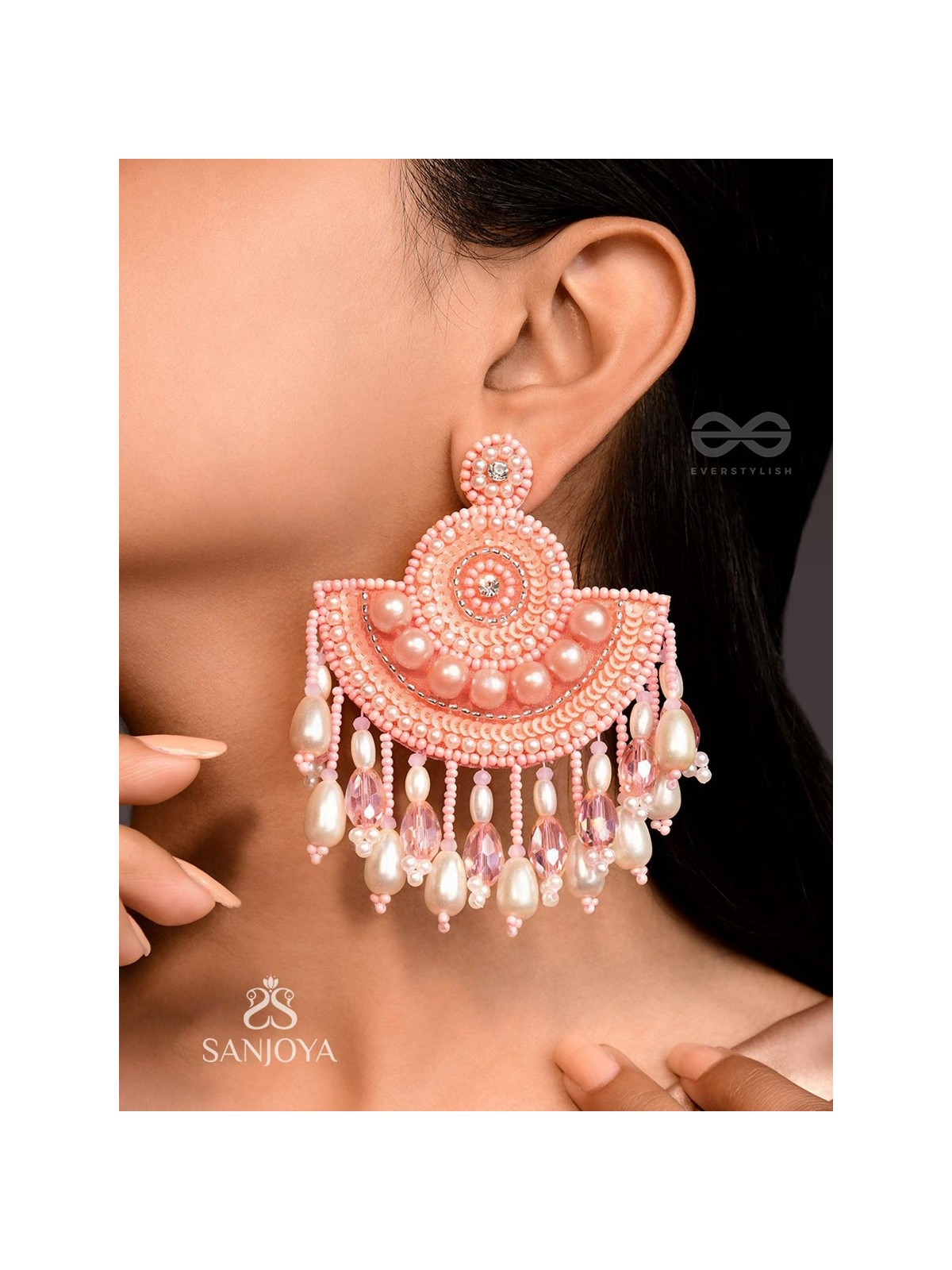 SURAMYA- THE PICTURESQUE CRESCENT- SEQUINS, GLASS BEADS AND STONE EMBROIDERED EARRINGS (SALMON PINK)
