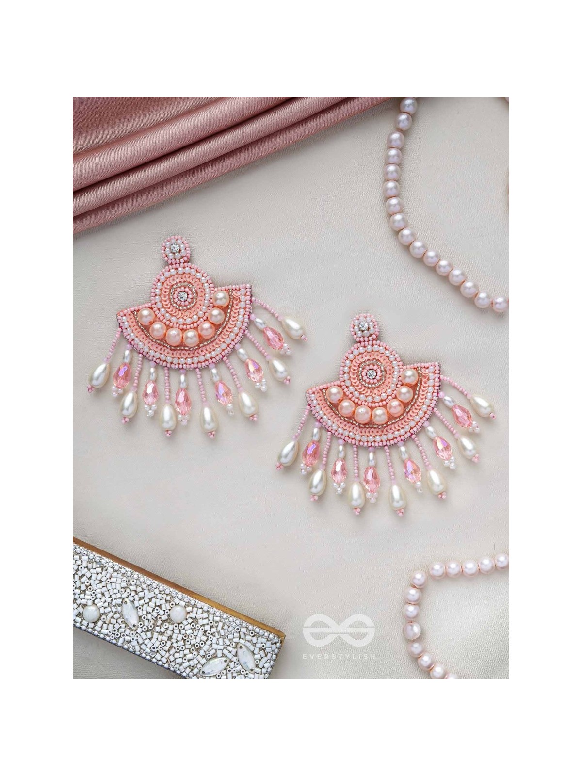 SURAMYA- THE PICTURESQUE CRESCENT- SEQUINS, GLASS BEADS AND STONE EMBROIDERED EARRINGS (SALMON PINK)