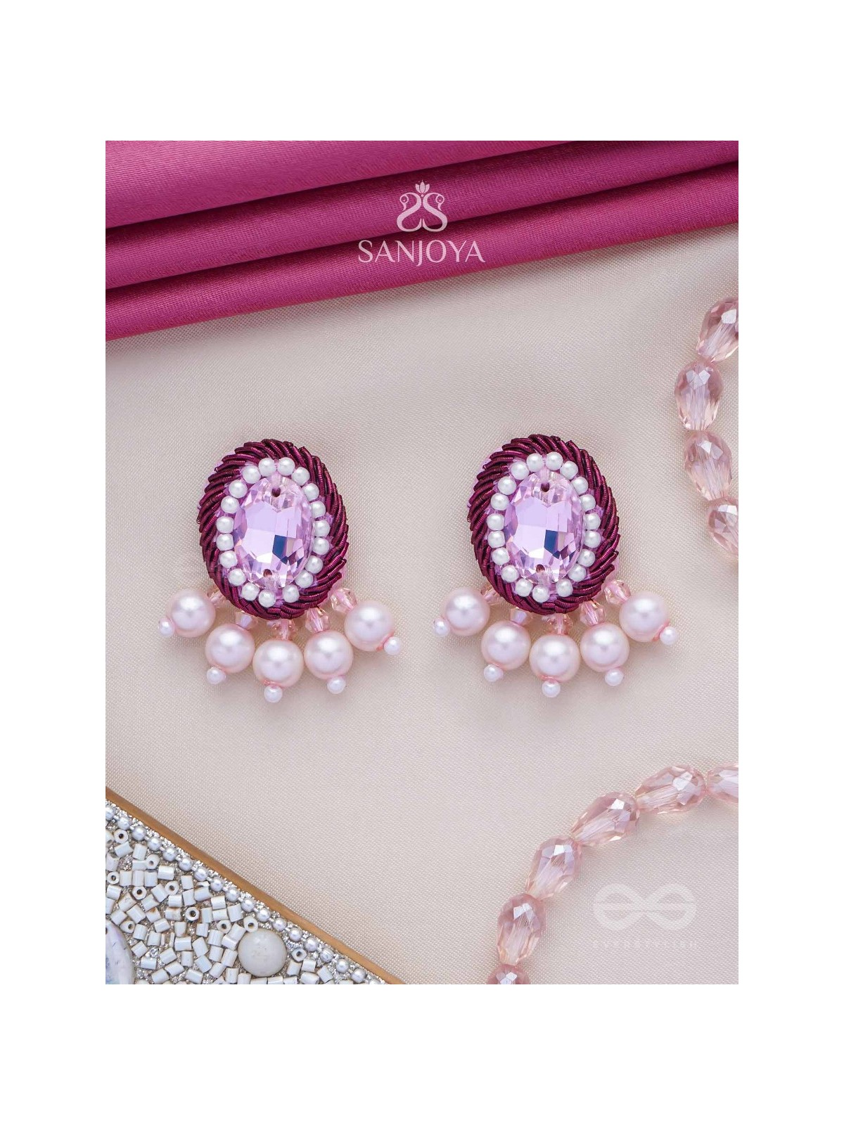  PANKEROOH- THE LOVELY LOTUS - PEARL AND STONE EMBROIDERED EARRINGS (BLUSH PINK & MAGENTA)
