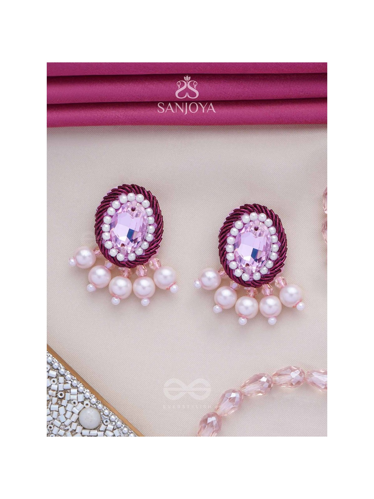  PANKEROOH- THE LOVELY LOTUS - PEARL AND STONE EMBROIDERED EARRINGS (BLUSH PINK & MAGENTA)