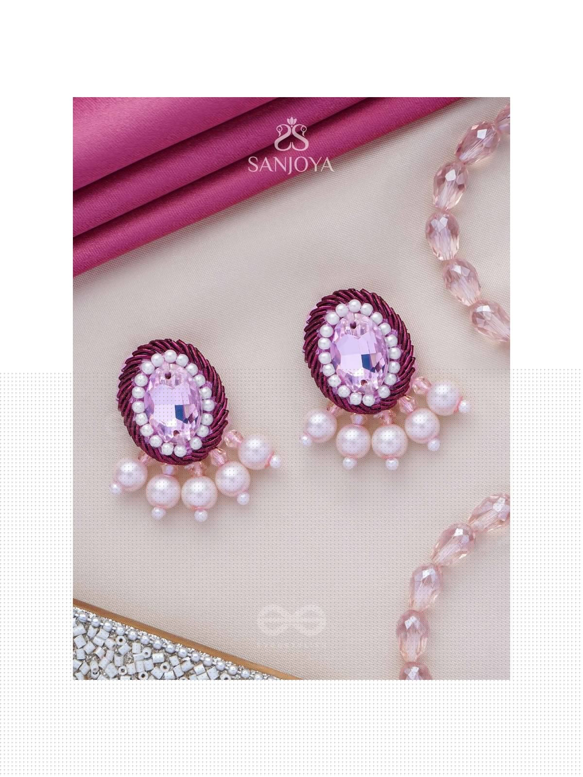  PANKEROOH- THE LOVELY LOTUS - PEARL AND STONE EMBROIDERED EARRINGS (BLUSH PINK & MAGENTA)