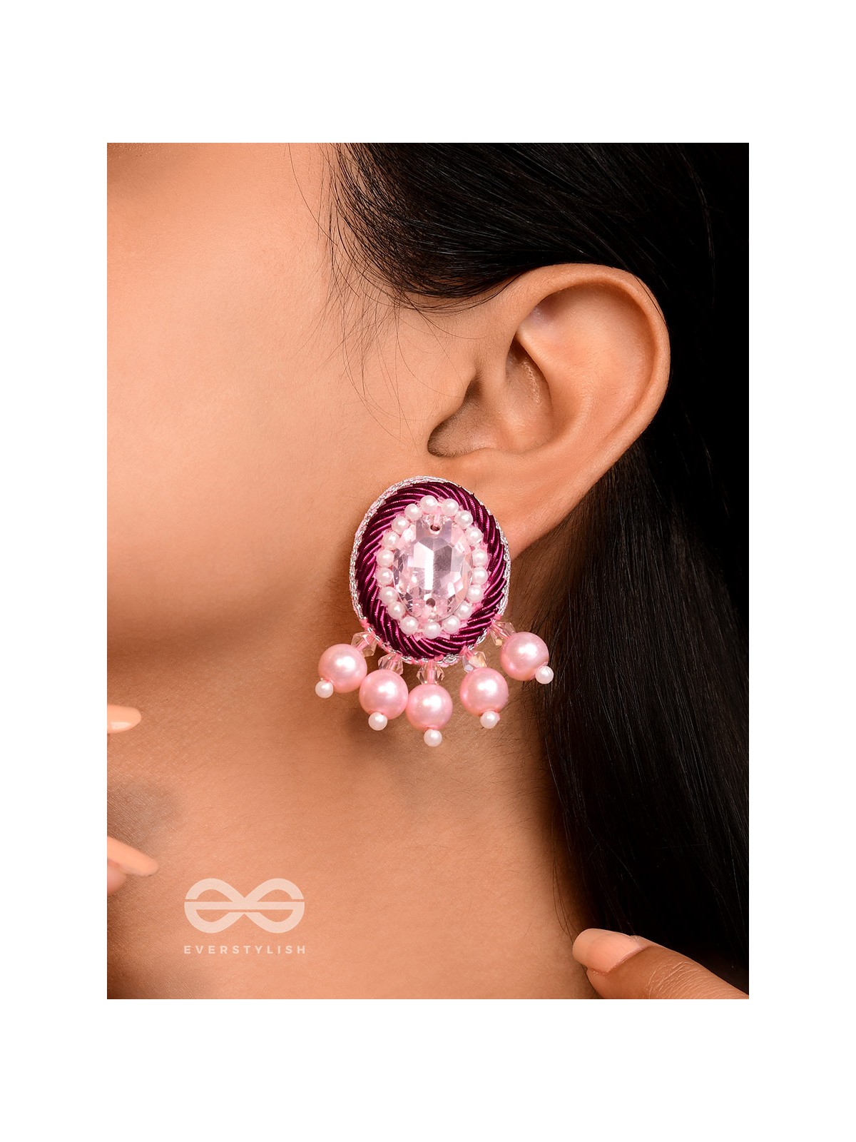  PANKEROOH- THE LOVELY LOTUS - PEARL AND STONE EMBROIDERED EARRINGS (BLUSH PINK & MAGENTA)