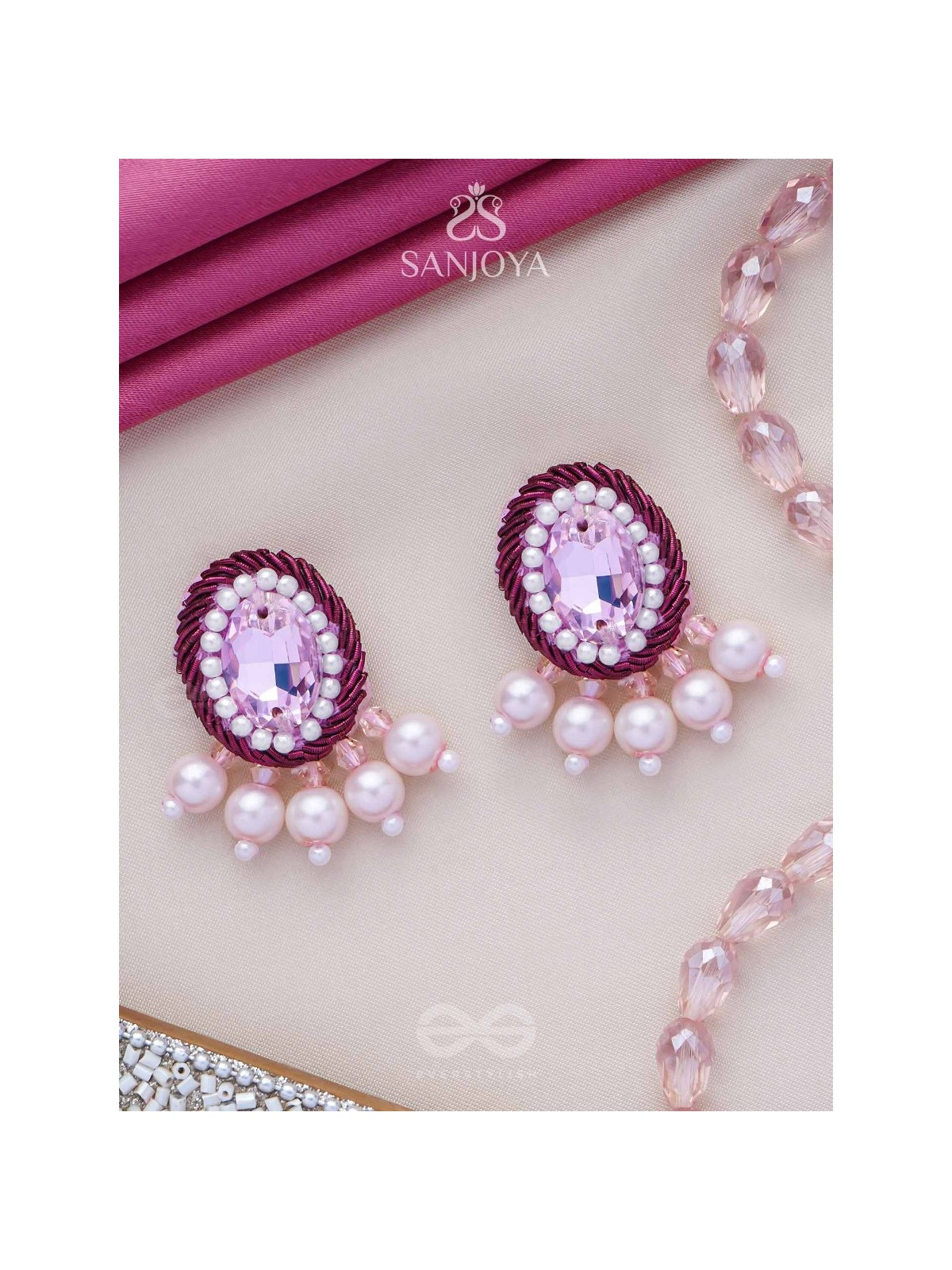  PANKEROOH- THE LOVELY LOTUS - PEARL AND STONE EMBROIDERED EARRINGS (BLUSH PINK & MAGENTA)