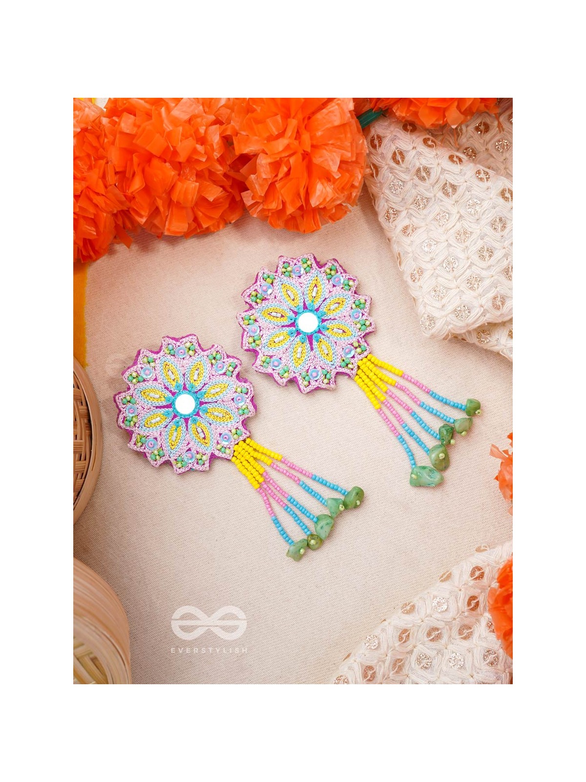 Vyoman- The Skies- Mirror , Resham , Beads and Sequins Embroidered Earrings (Multicoloured)