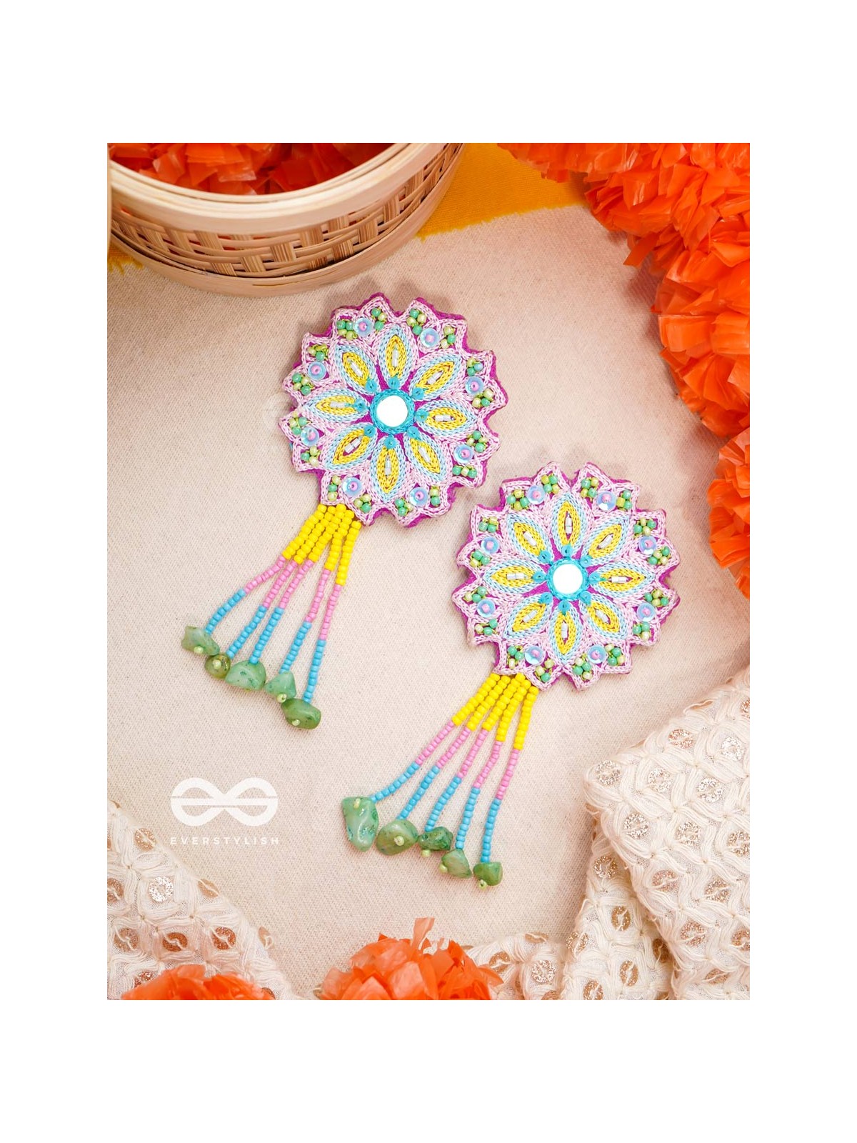 Vyoman- The Skies- Mirror , Resham , Beads and Sequins Embroidered Earrings (Multicoloured)
