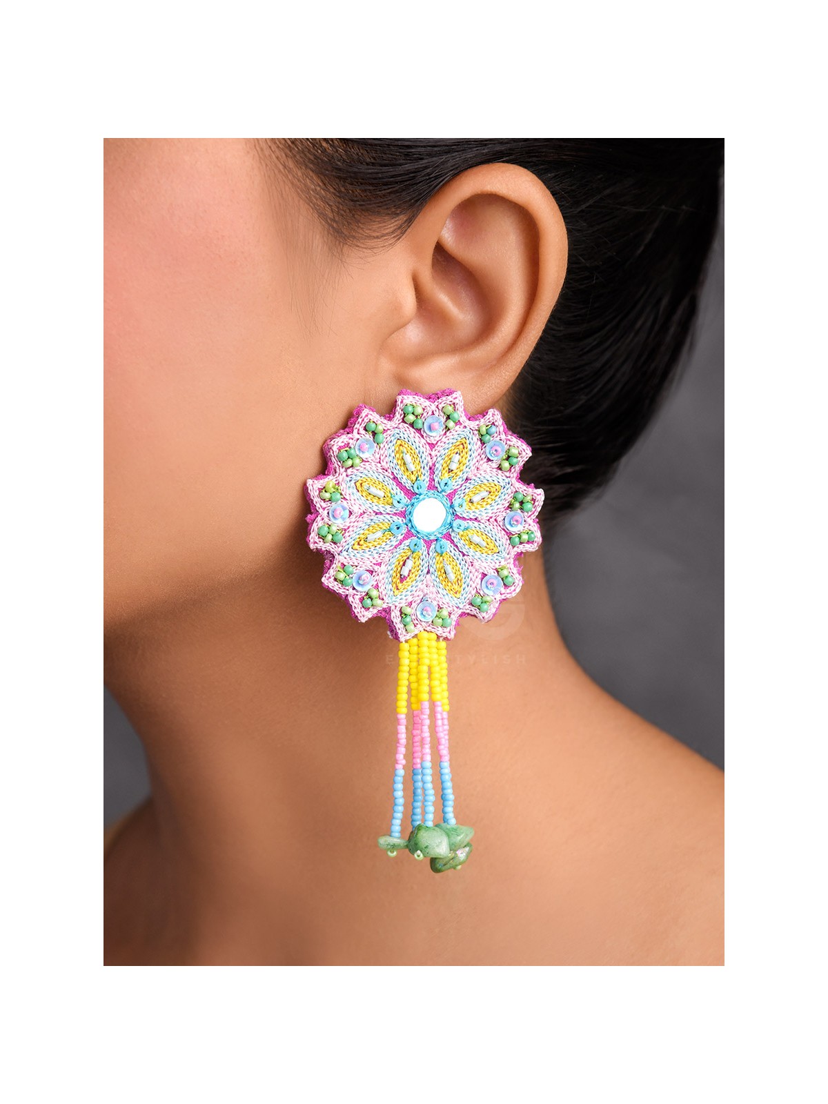 Vyoman- The Skies- Mirror , Resham , Beads and Sequins Embroidered Earrings (Multicoloured)