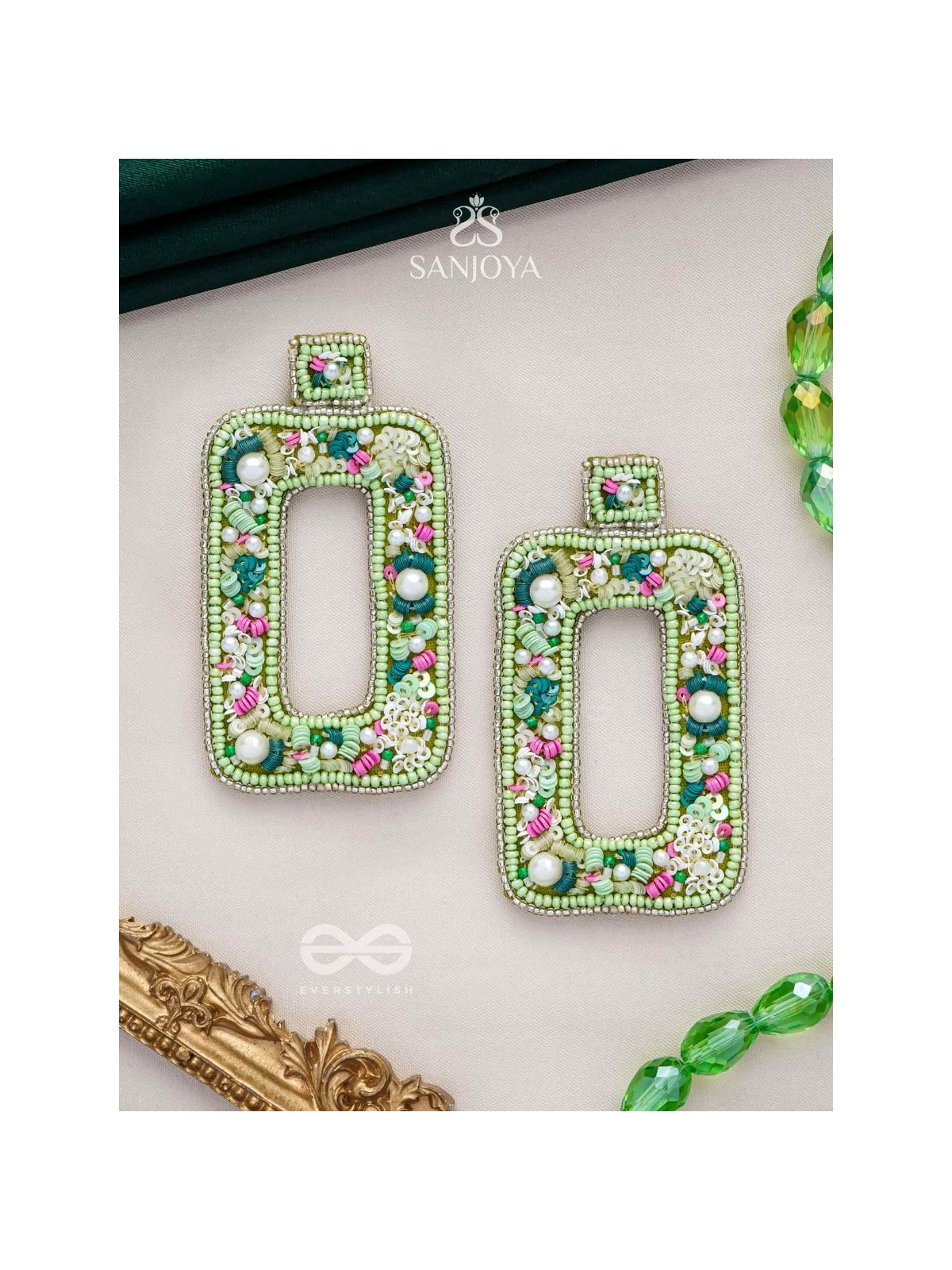 Aardratva - The Verdant - Sequins, Pearls And Beads Hand Embroidered Earrings (Lime Green)