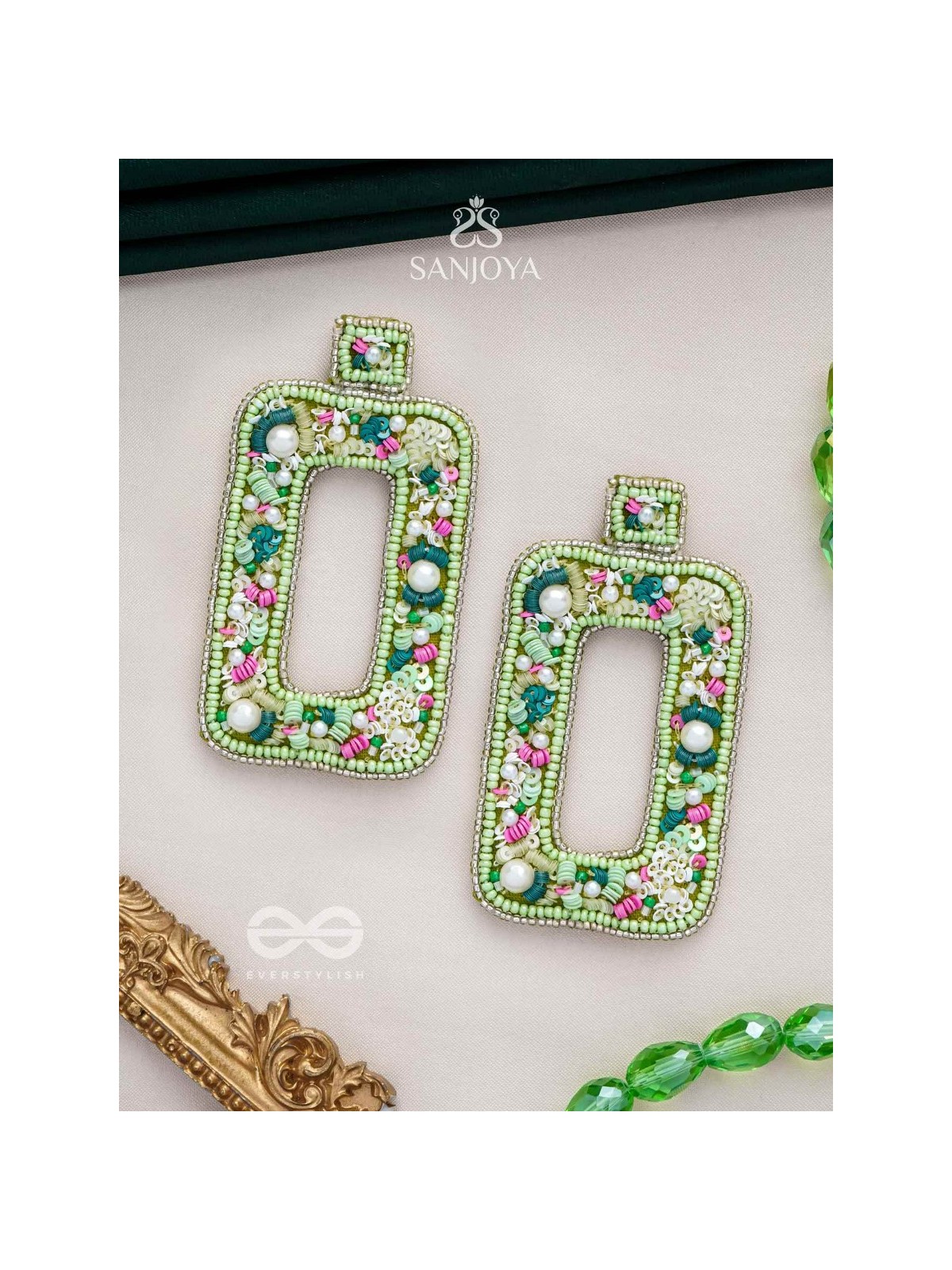 Aardratva - The Verdant - Sequins, Pearls And Beads Hand Embroidered Earrings (Lime Green)