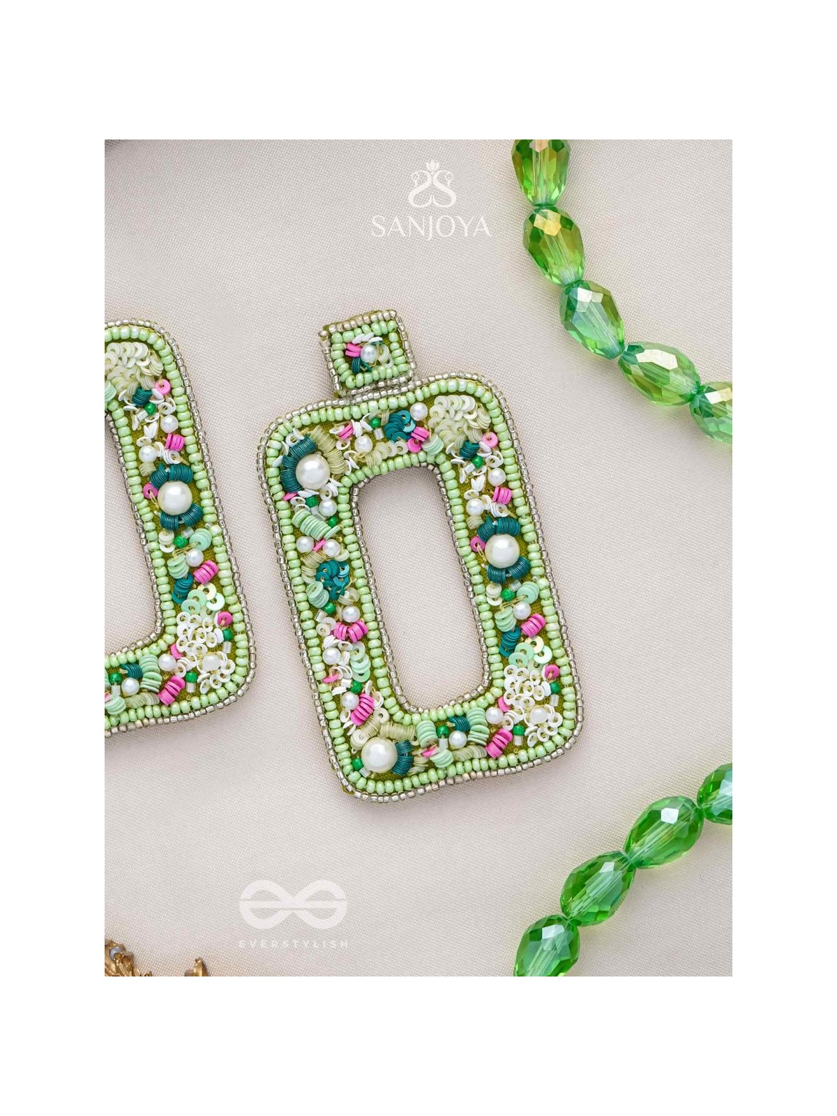 Aardratva - The Verdant - Sequins, Pearls And Beads Hand Embroidered Earrings (Lime Green)