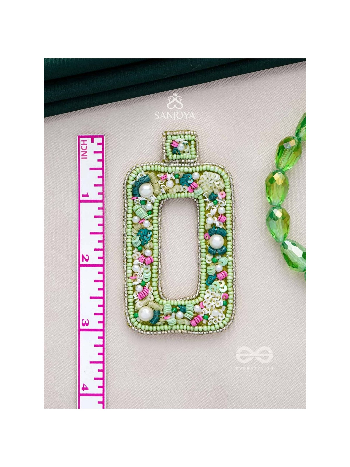 Aardratva - The Verdant - Sequins, Pearls And Beads Hand Embroidered Earrings (Lime Green)