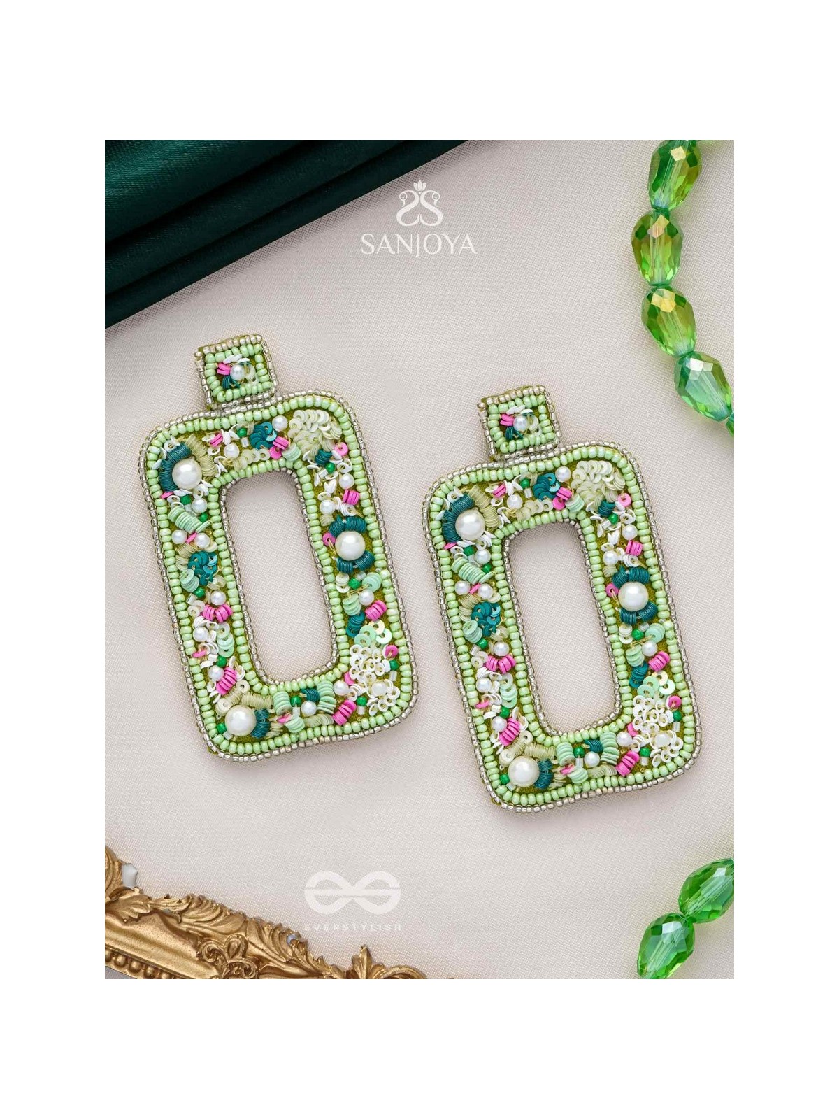 Aardratva - The Verdant - Sequins, Pearls And Beads Hand Embroidered Earrings (Lime Green)