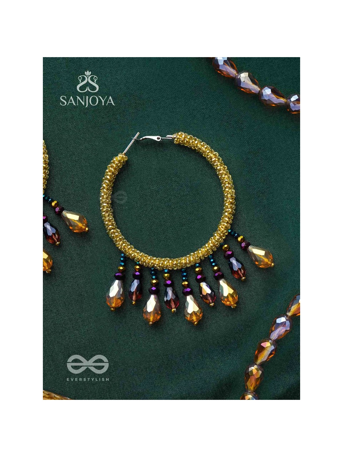 Utkanika- The Circle of Desire- Beads and Glass Drops Earrings (Mustard Yellow)