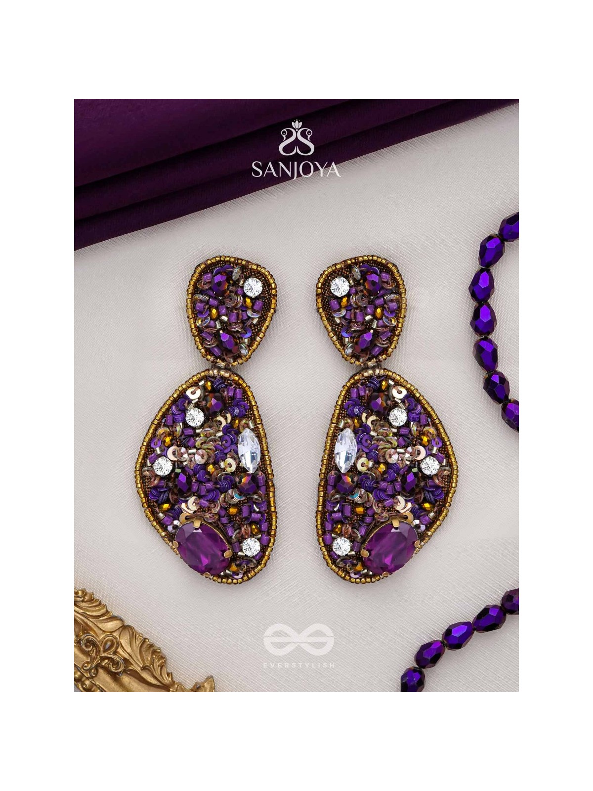  KARNIKAR- THE PURPLE FLOWER- STONE, SEQUINS AND BEADS EMBROIDERED EARRINGS (Violet & Fire Yellow)