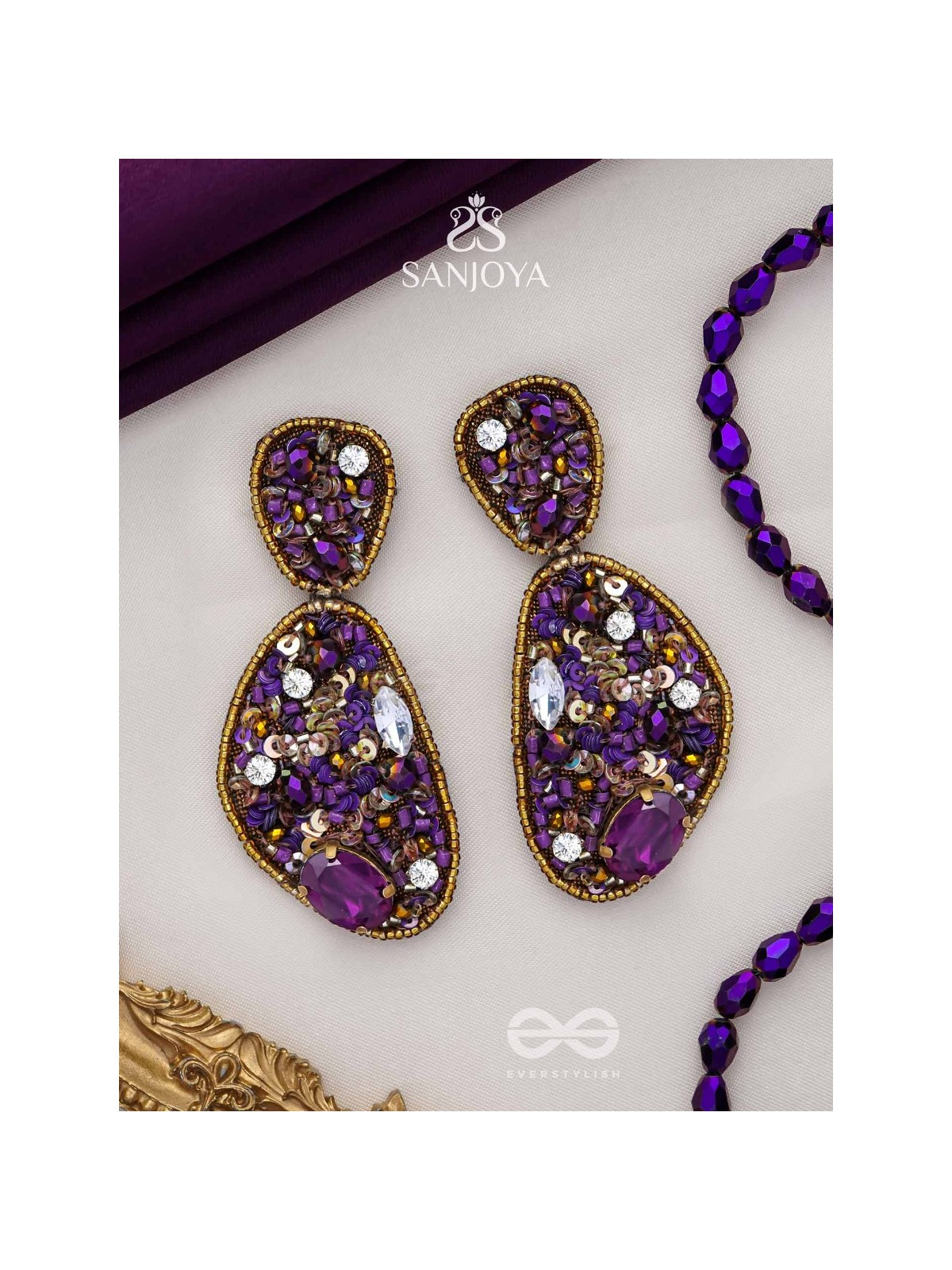  KARNIKAR- THE PURPLE FLOWER- STONE, SEQUINS AND BEADS EMBROIDERED EARRINGS (Violet & Fire Yellow)