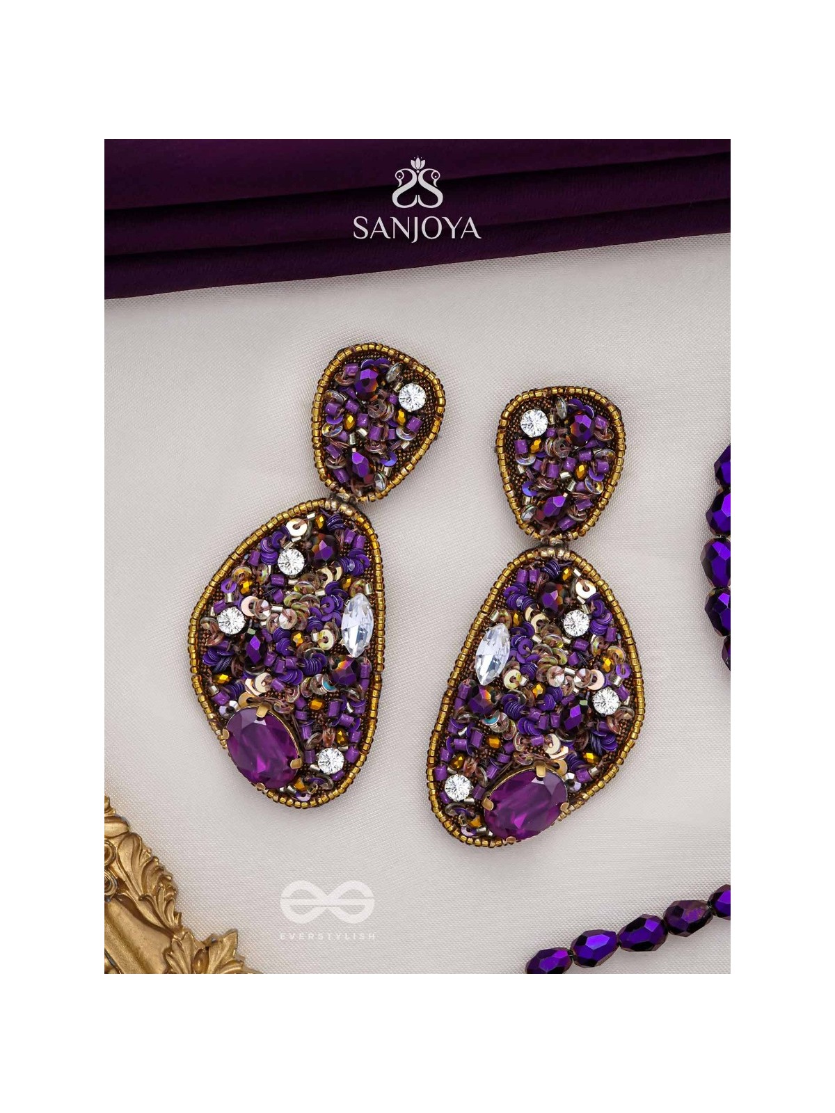  KARNIKAR- THE PURPLE FLOWER- STONE, SEQUINS AND BEADS EMBROIDERED EARRINGS (Violet & Fire Yellow)