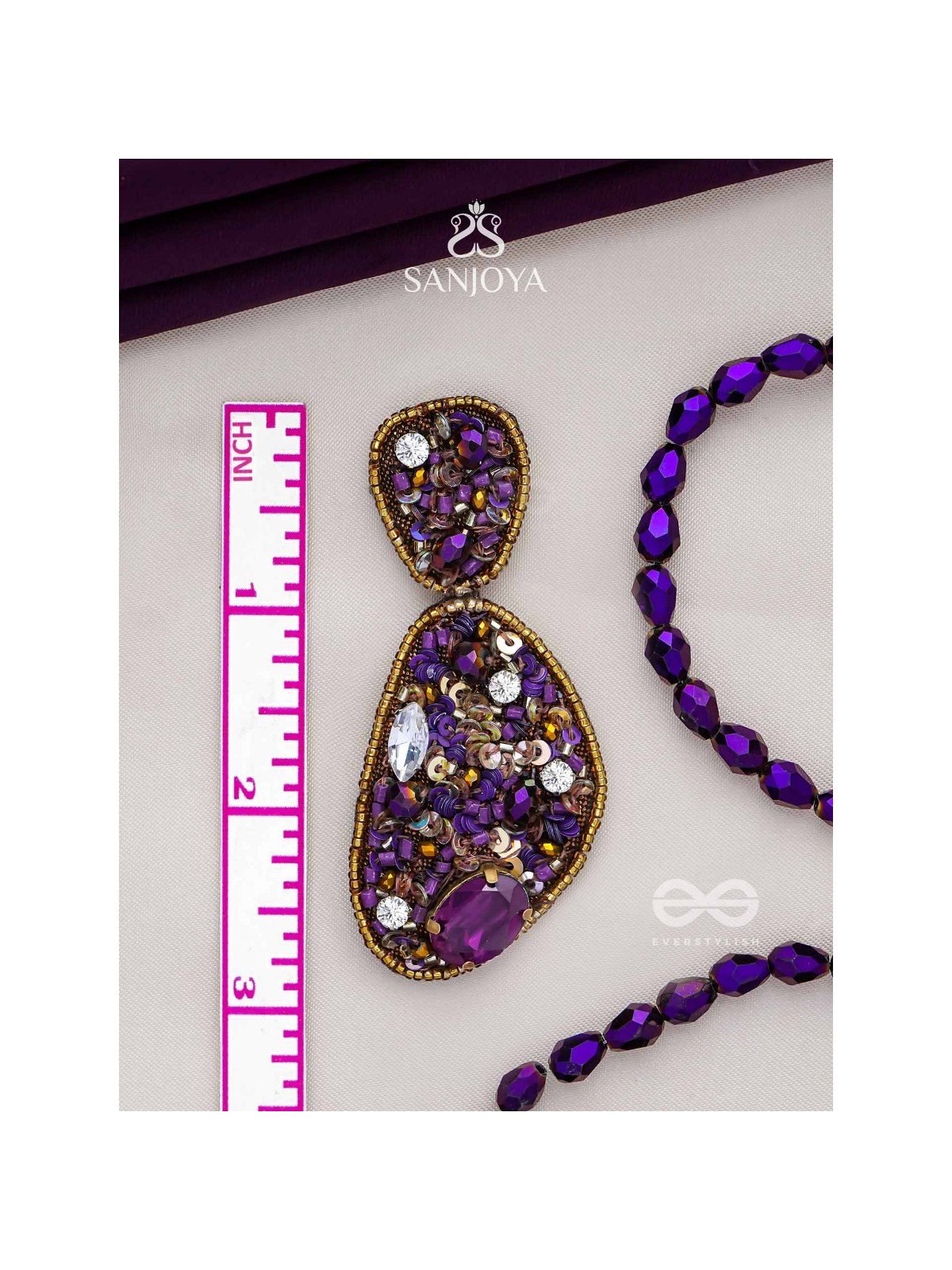  KARNIKAR- THE PURPLE FLOWER- STONE, SEQUINS AND BEADS EMBROIDERED EARRINGS (Violet & Fire Yellow)