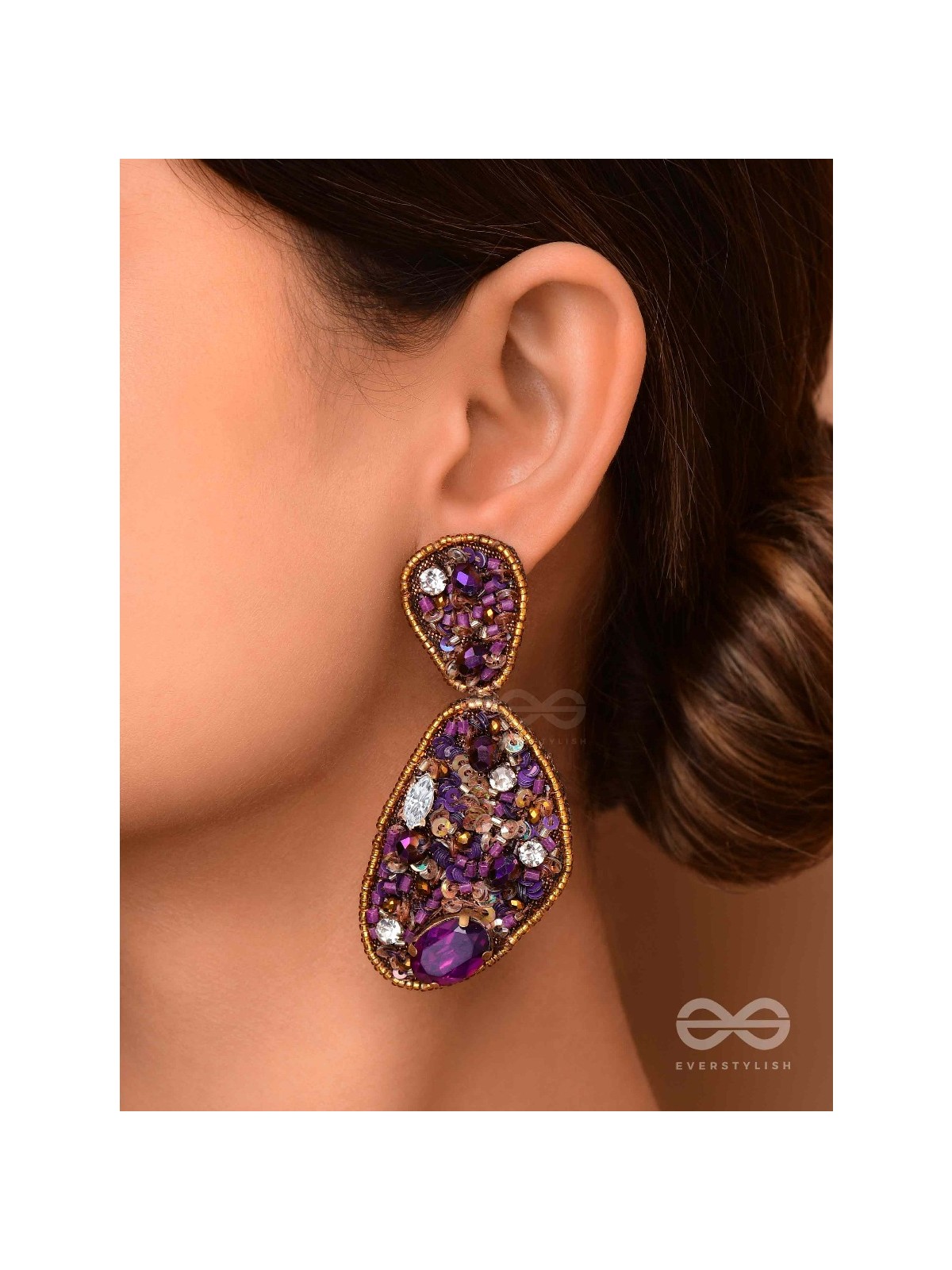  KARNIKAR- THE PURPLE FLOWER- STONE, SEQUINS AND BEADS EMBROIDERED EARRINGS (Violet & Fire Yellow)