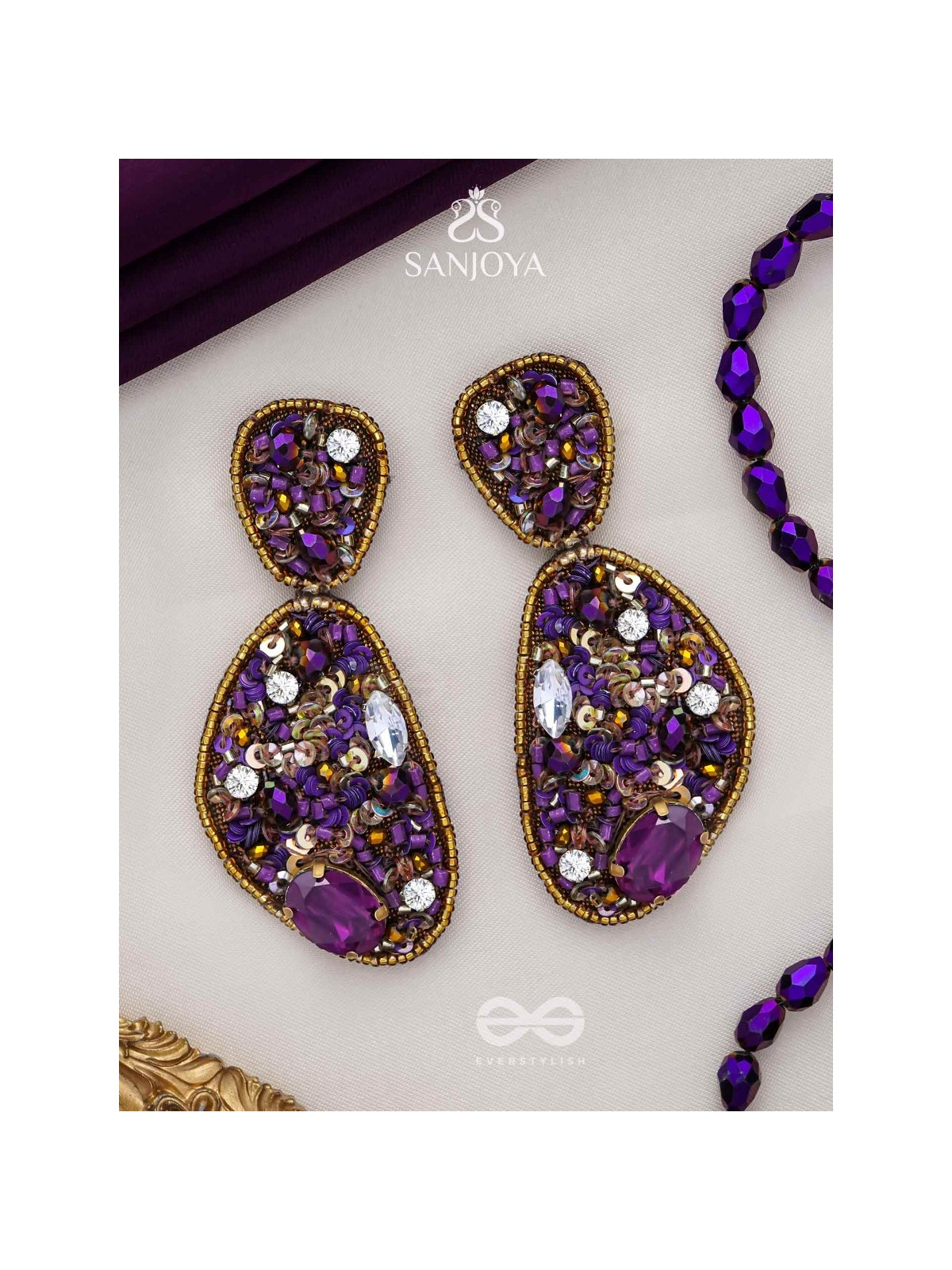  KARNIKAR- THE PURPLE FLOWER- STONE, SEQUINS AND BEADS EMBROIDERED EARRINGS (Violet & Fire Yellow)