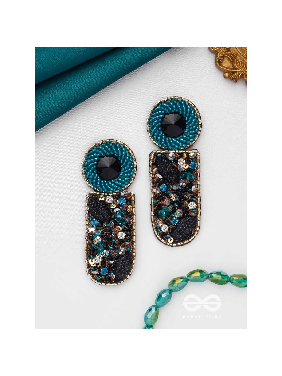 DRAVINAKA- THE FIERY- BEADS, SEQUINS AND STONE EMBROIDERED EARRINGS (Teal Blue & Midnight Black)