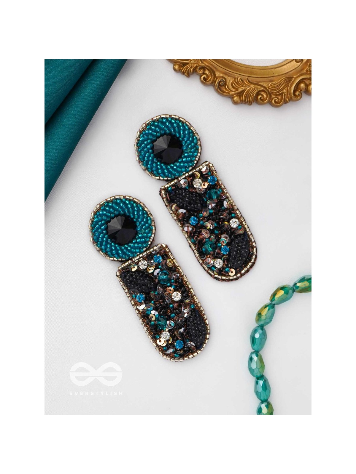 DRAVINAKA- THE FIERY- BEADS, SEQUINS AND STONE EMBROIDERED EARRINGS (Teal Blue & Midnight Black)