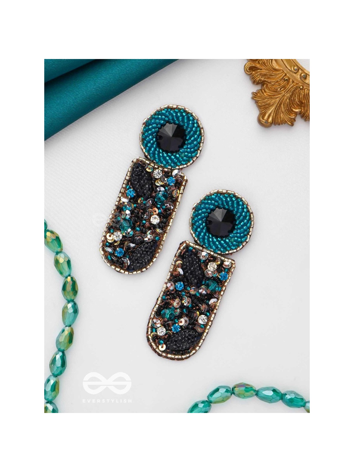 DRAVINAKA- THE FIERY- BEADS, SEQUINS AND STONE EMBROIDERED EARRINGS (Teal Blue & Midnight Black)