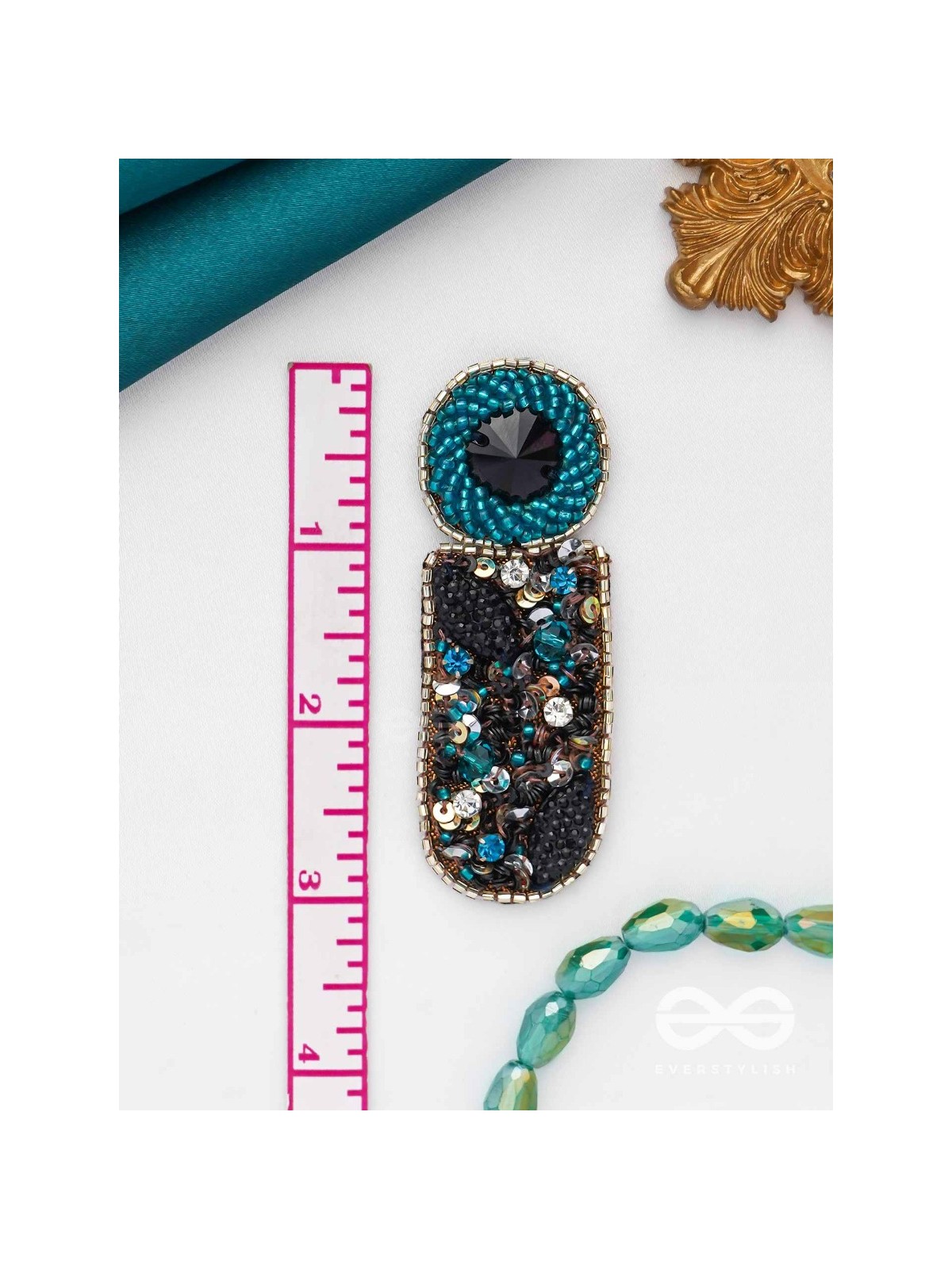 DRAVINAKA- THE FIERY- BEADS, SEQUINS AND STONE EMBROIDERED EARRINGS (Teal Blue & Midnight Black)