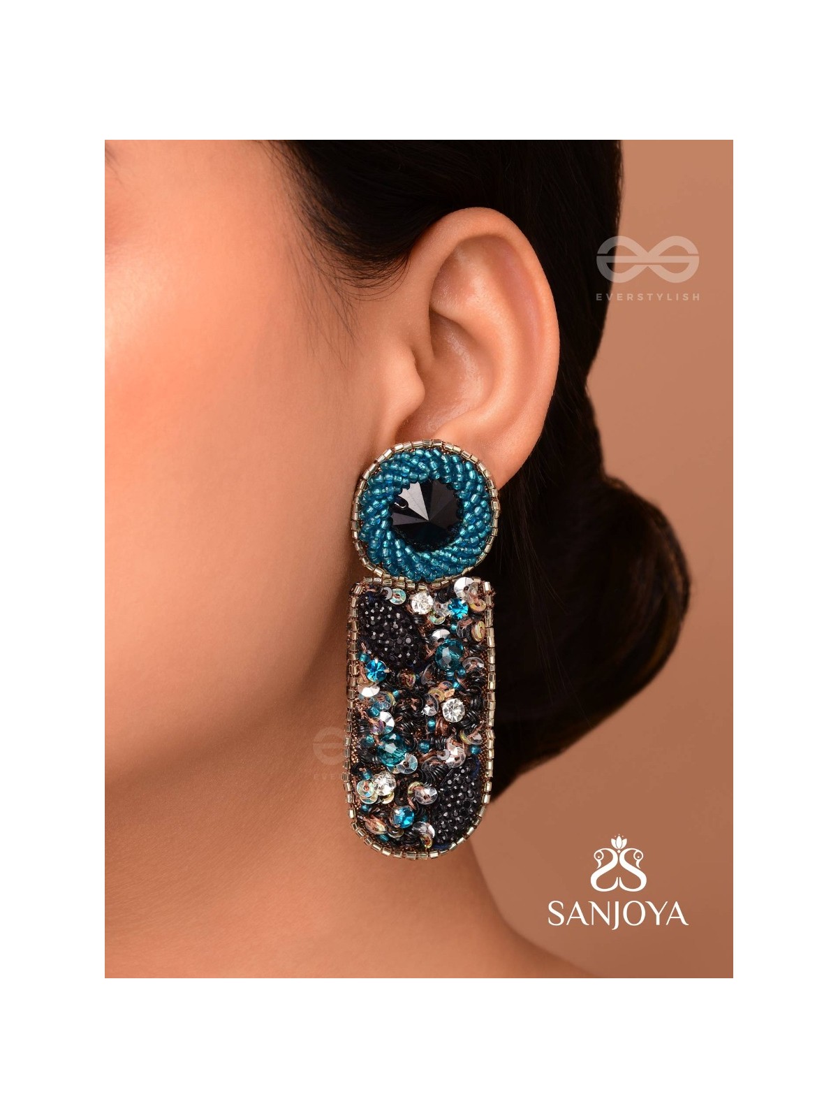 DRAVINAKA- THE FIERY- BEADS, SEQUINS AND STONE EMBROIDERED EARRINGS (Teal Blue & Midnight Black)