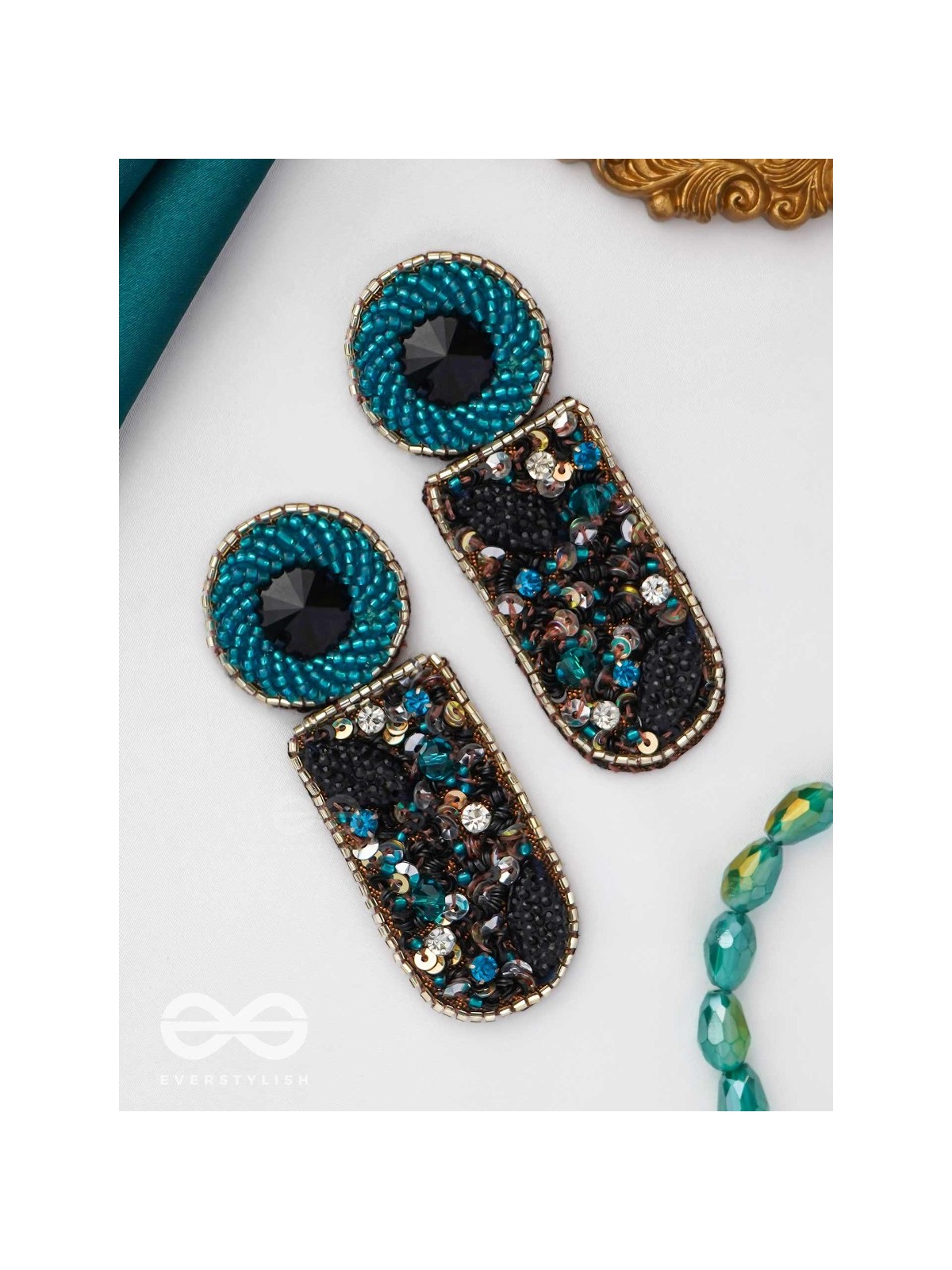 DRAVINAKA- THE FIERY- BEADS, SEQUINS AND STONE EMBROIDERED EARRINGS (Teal Blue & Midnight Black)