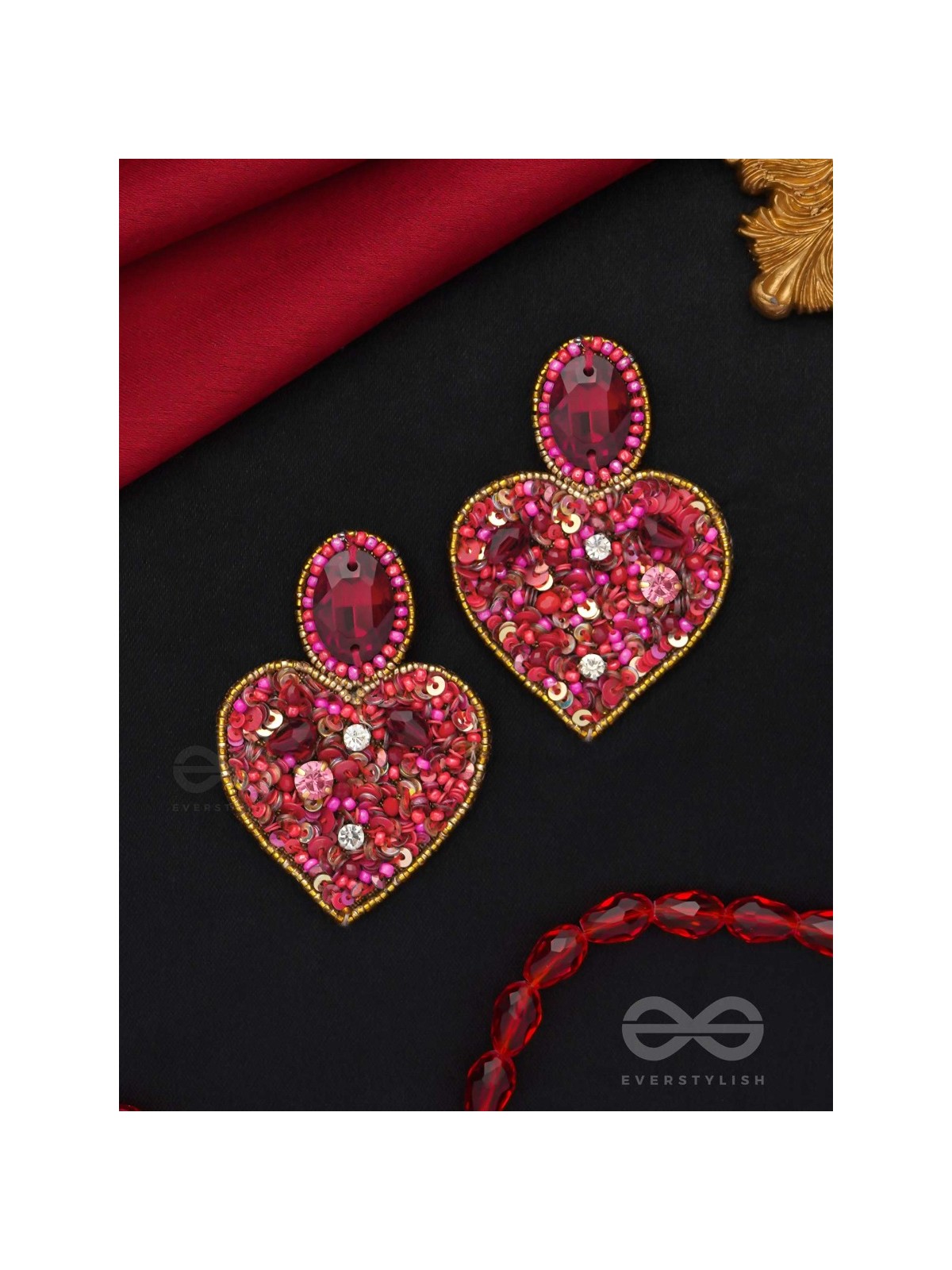 ANTASHTHA- THE HEART- STONES, SEQUINS AND BEADS EMBROIDERED EARRINGS (Crimson)