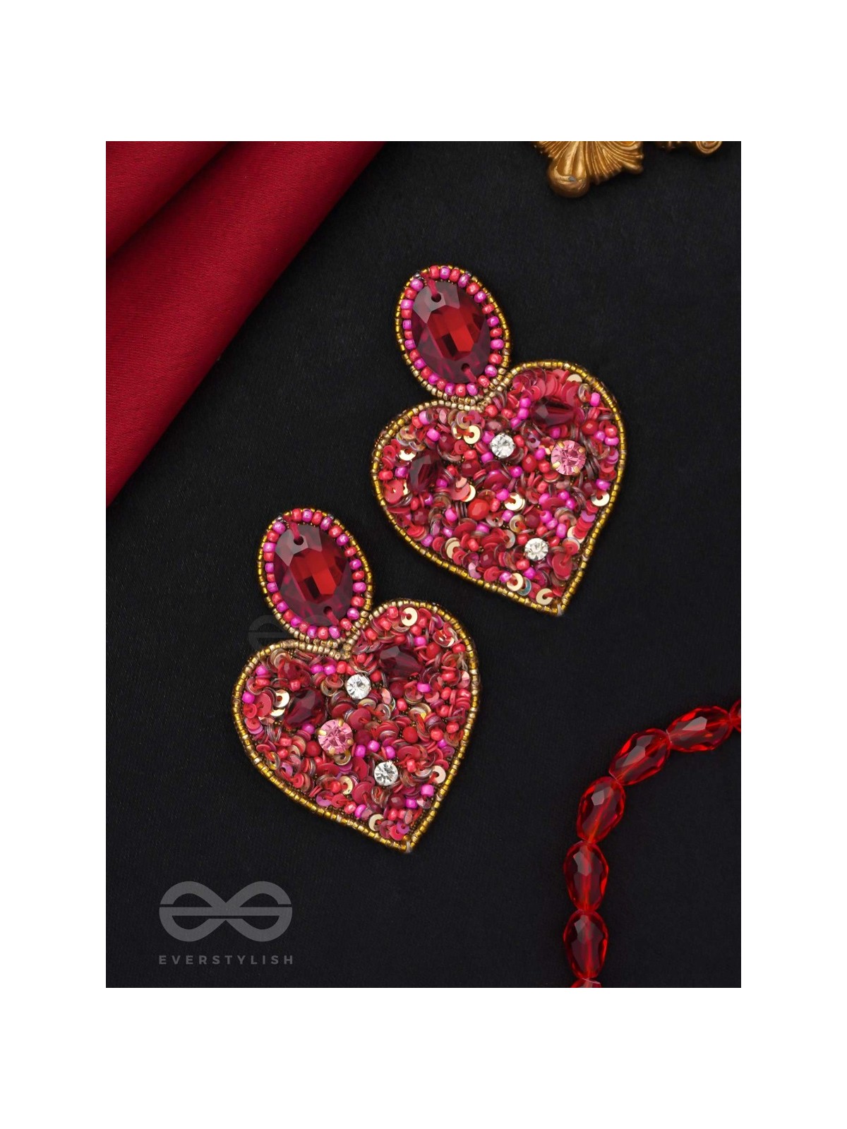  ANTASHTHA- THE HEART- STONES, SEQUINS AND BEADS EMBROIDERED EARRINGS (Crimson)
