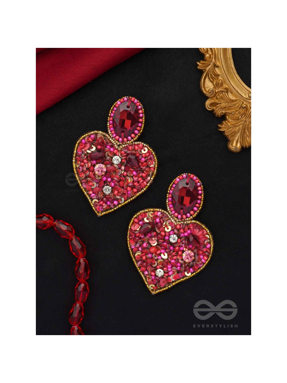 ANTASHTHA- THE HEART- STONES, SEQUINS AND BEADS EMBROIDERED EARRINGS (Crimson)