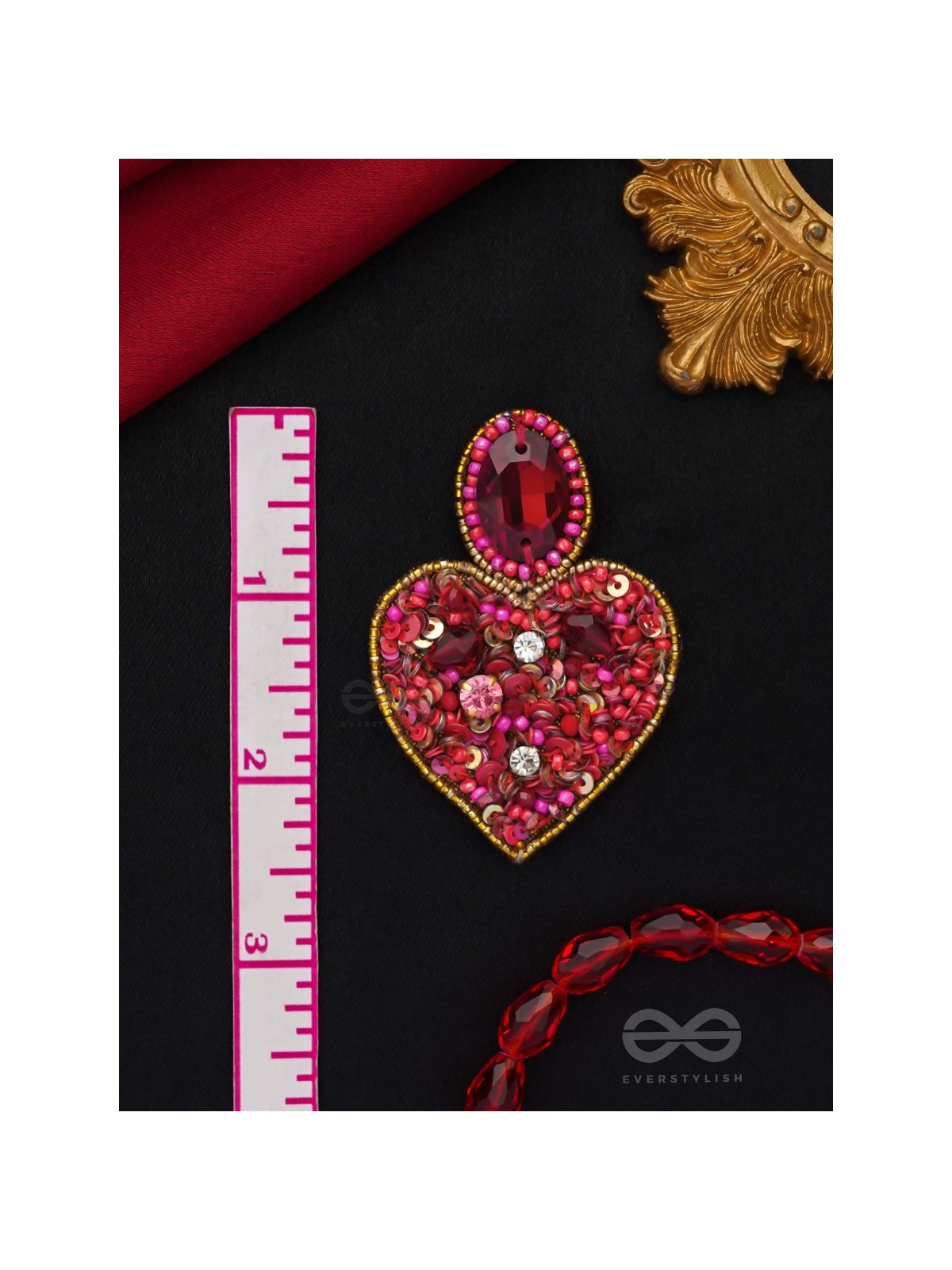  ANTASHTHA- THE HEART- STONES, SEQUINS AND BEADS EMBROIDERED EARRINGS (Crimson)