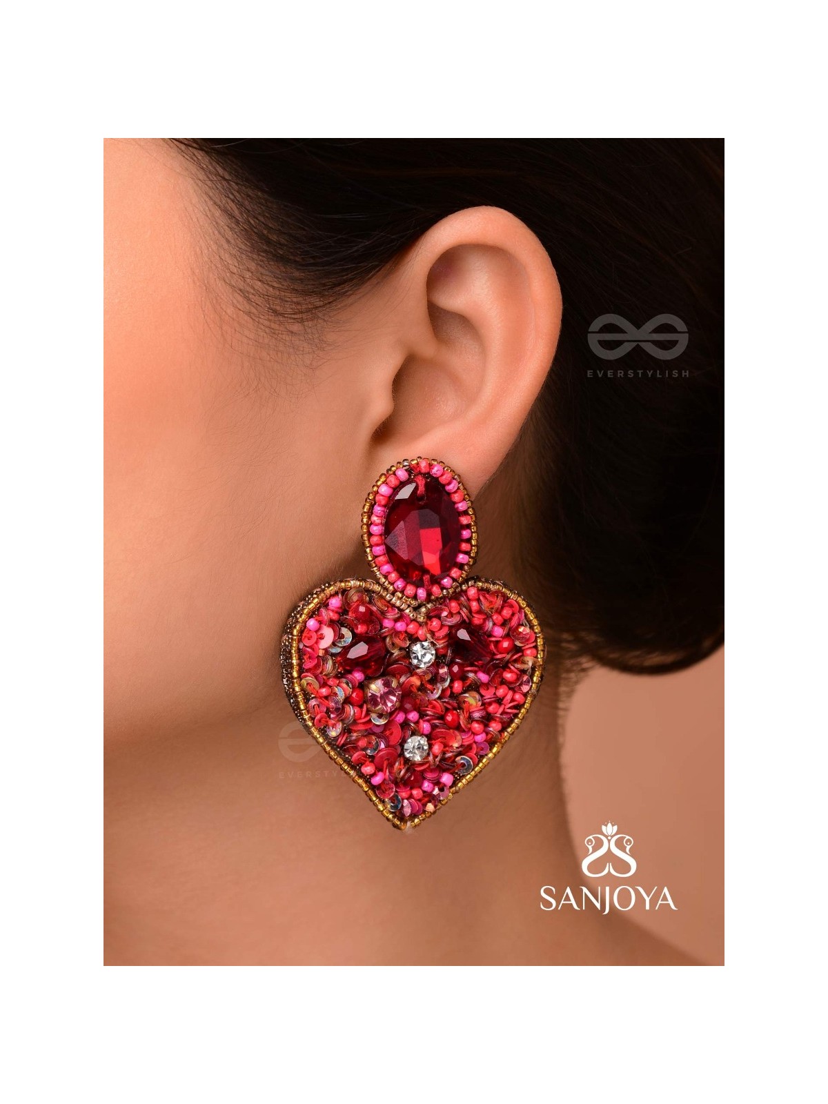  ANTASHTHA- THE HEART- STONES, SEQUINS AND BEADS EMBROIDERED EARRINGS (Crimson)