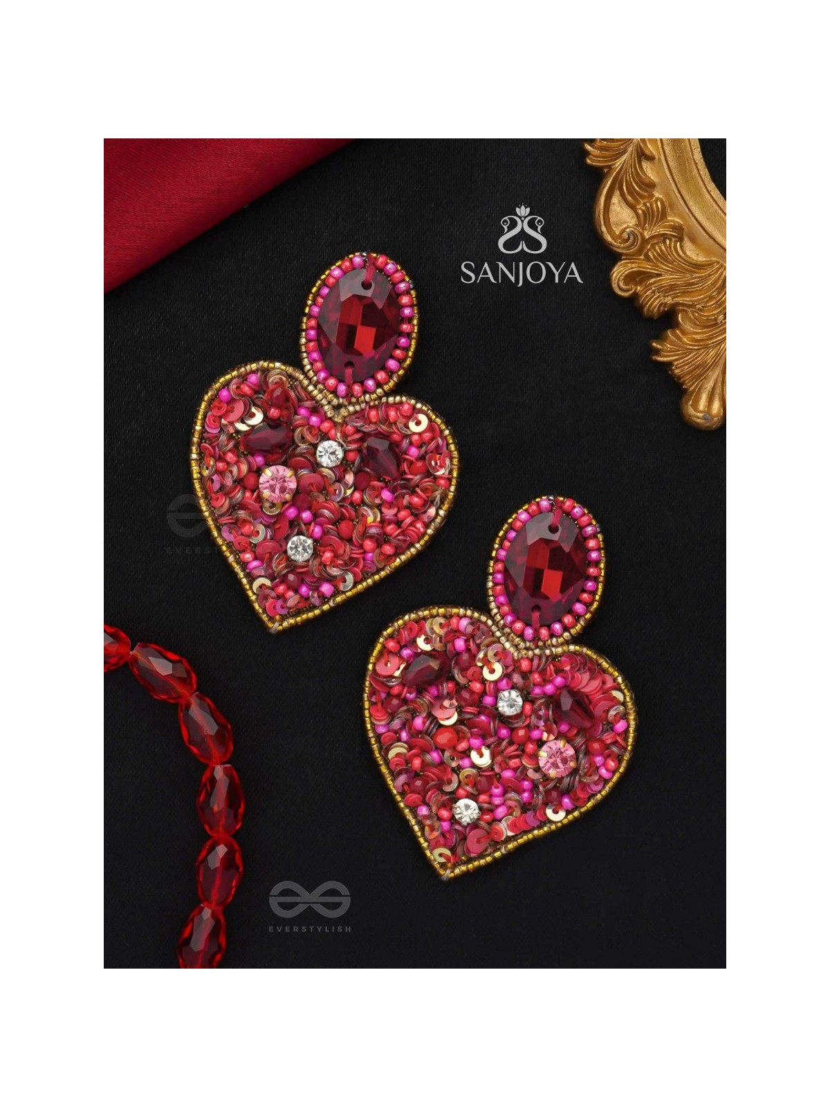  ANTASHTHA- THE HEART- STONES, SEQUINS AND BEADS EMBROIDERED EARRINGS (Crimson)