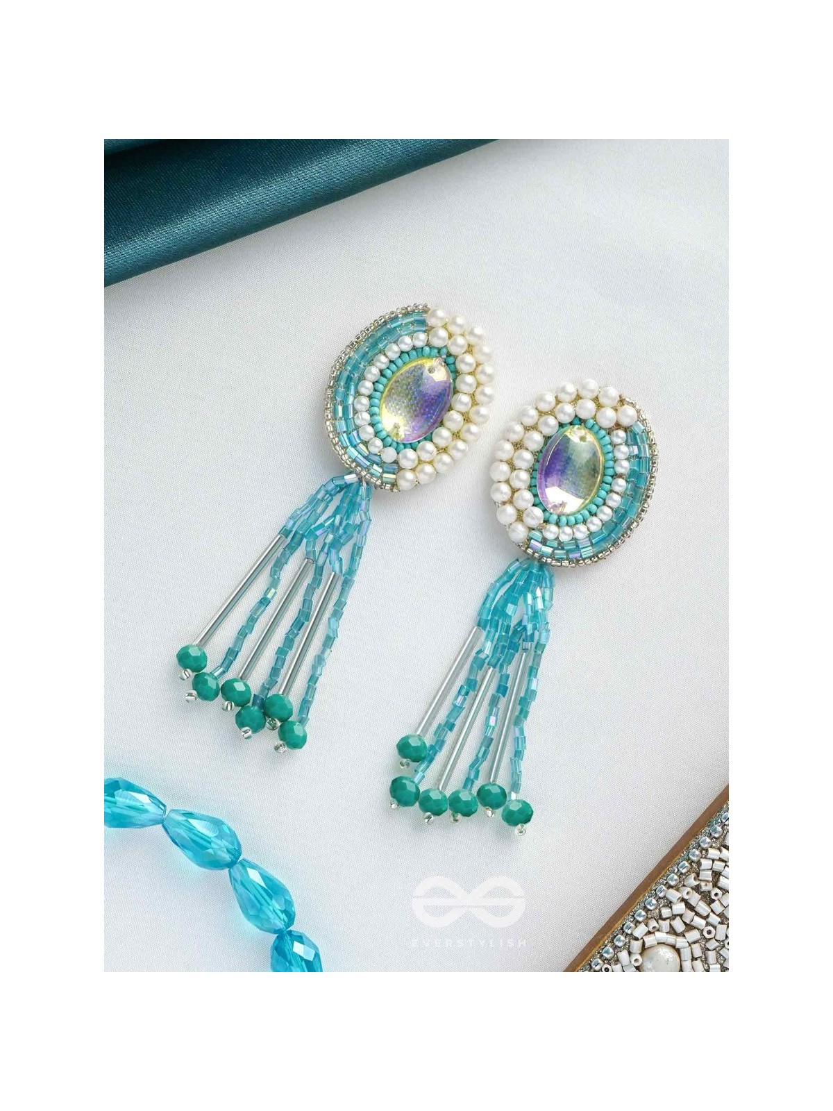 Mandalaka- The Majestic Mirror- Stone, Pearls and Beads Embroidered Earrings (Arctic Blue)