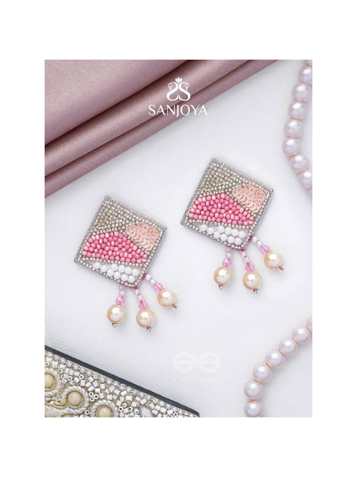 Chaturashra- The Charming Square- Beads and Pearls Embroidered Earrings (Blush & Fuchsia Pink)