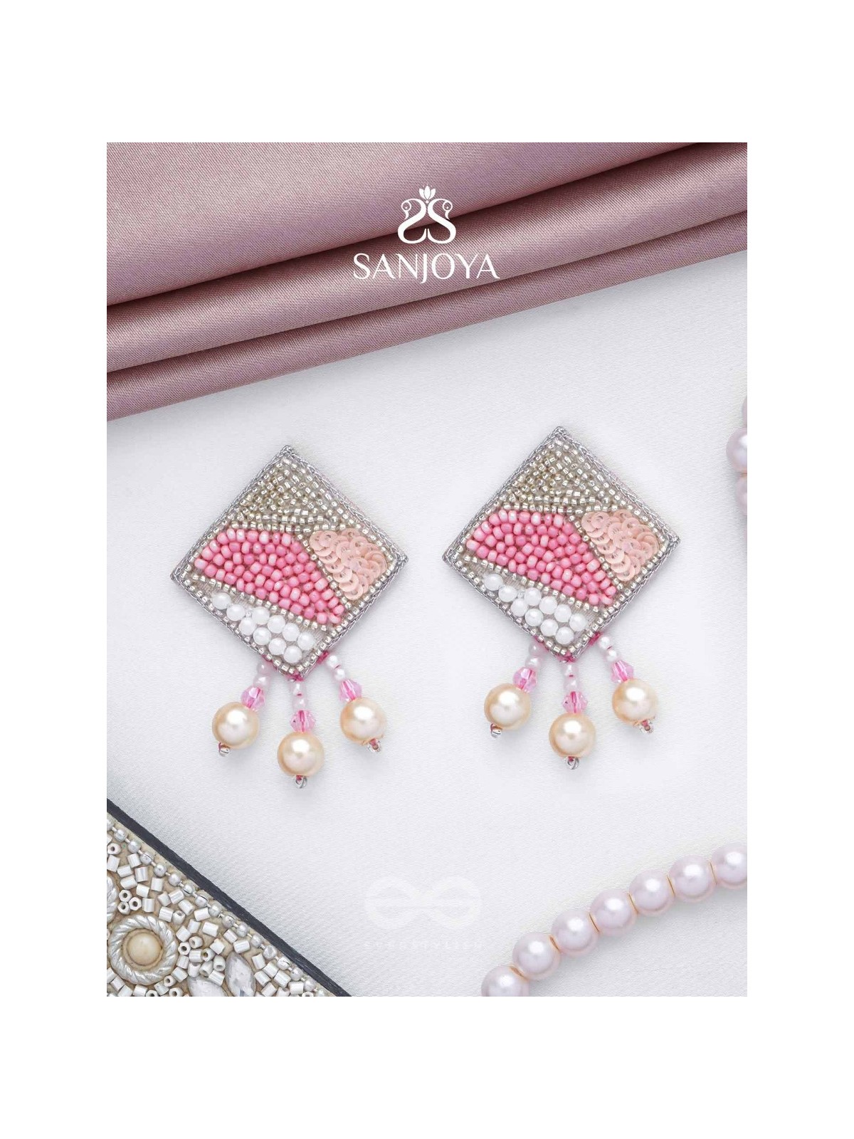 Chaturashra- The Charming Square- Beads and Pearls Embroidered Earrings (Blush & Fuchsia Pink)