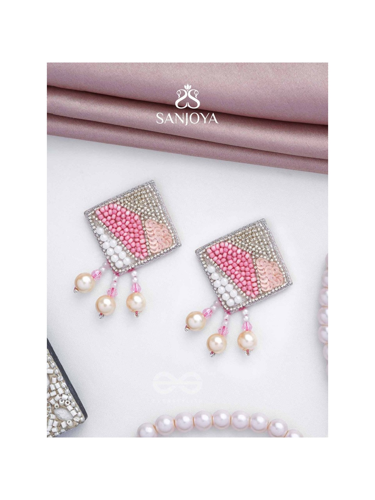 Chaturashra- The Charming Square- Beads and Pearls Embroidered Earrings (Blush & Fuchsia Pink)