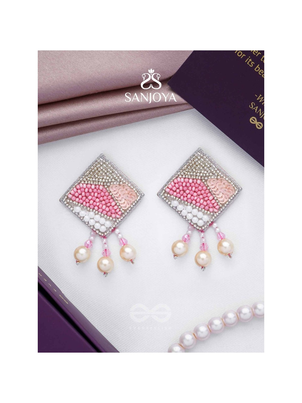 Chaturashra- The Charming Square- Beads and Pearls Embroidered Earrings (Blush & Fuchsia Pink)