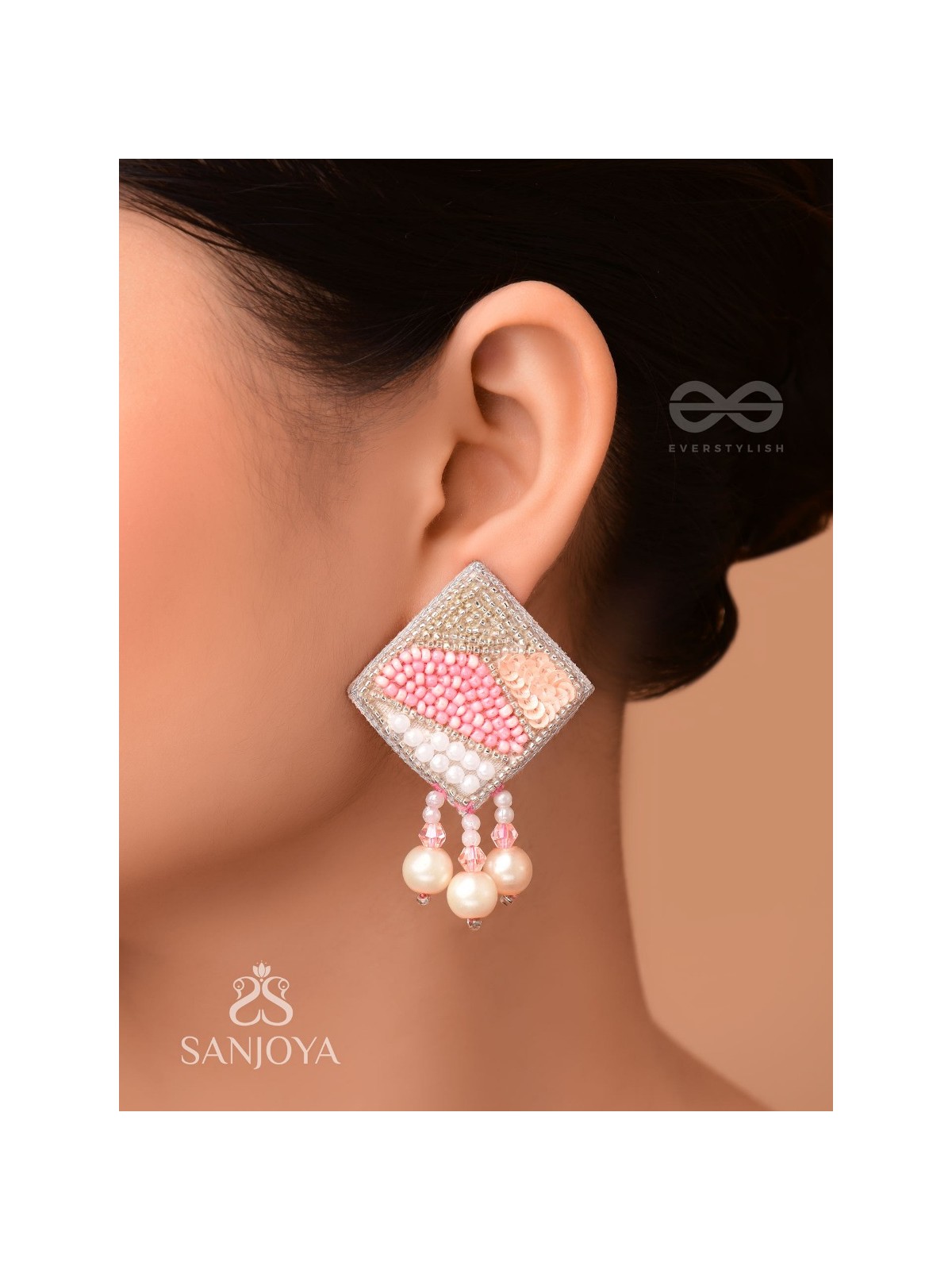 Chaturashra- The Charming Square- Beads and Pearls Embroidered Earrings (Blush & Fuchsia Pink)