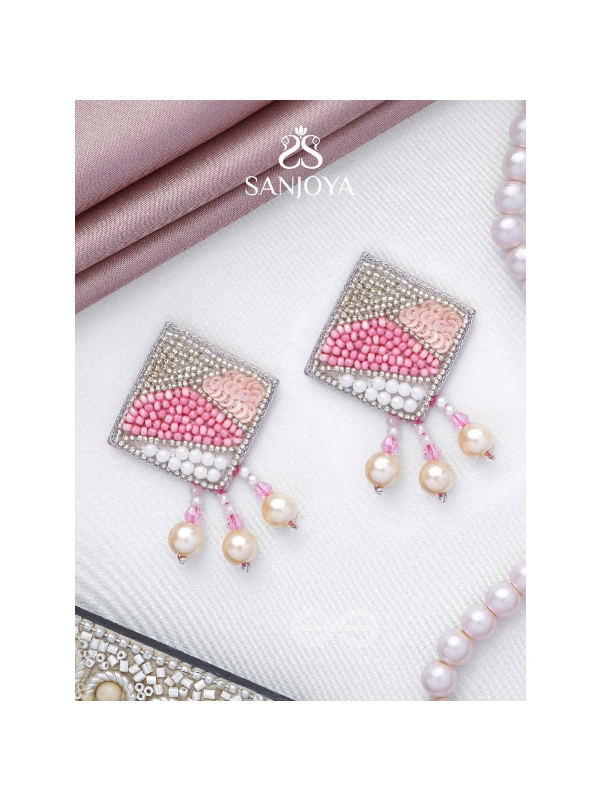 Chaturashra- The Charming Square- Beads and Pearls Embroidered Earrings (Blush & Fuchsia Pink)
