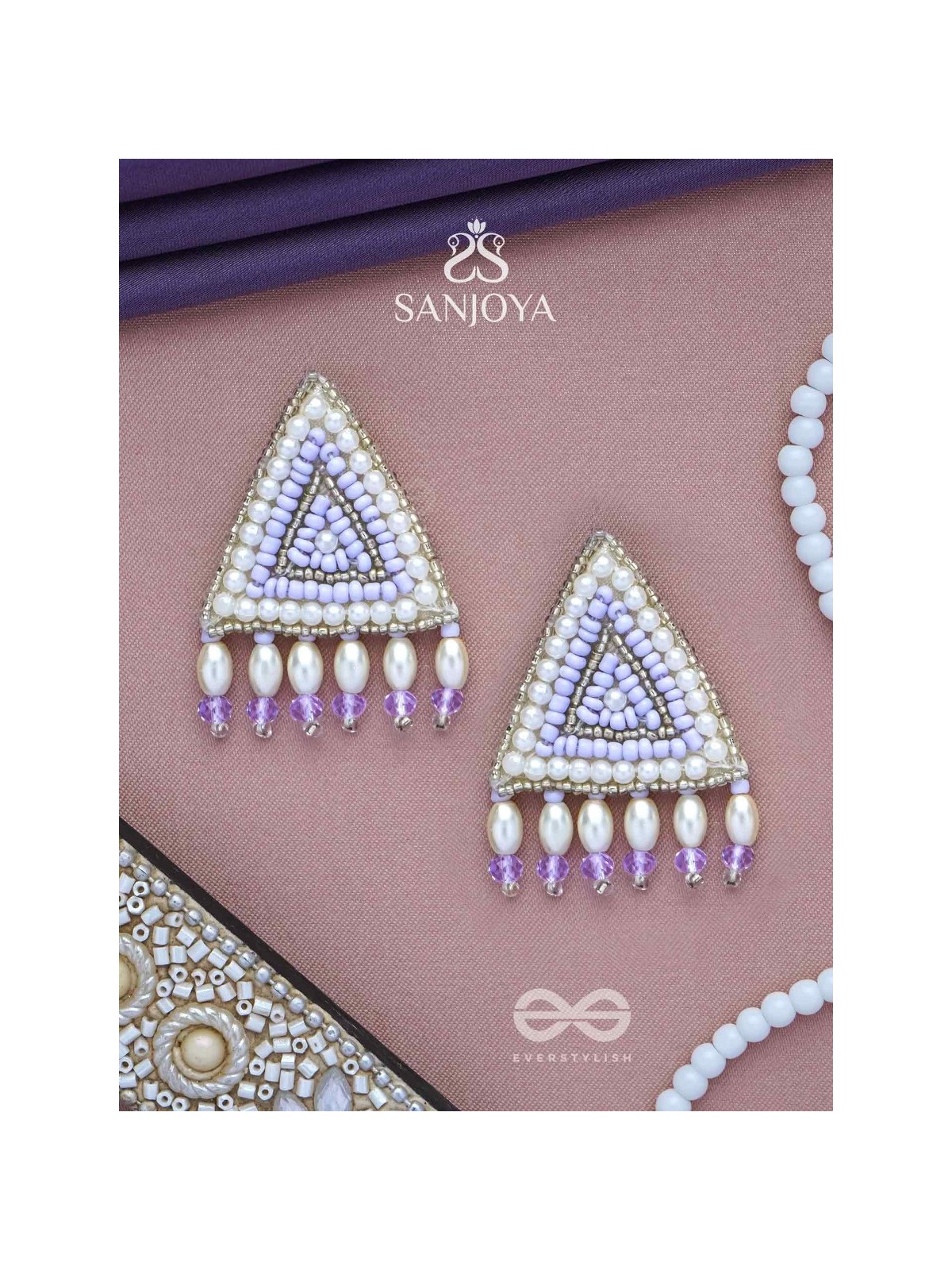 Suchyagra- The Eternal Pyramid- Pearls, Beads and Glass Beads Embroidered Earrings (Orchid Purple)